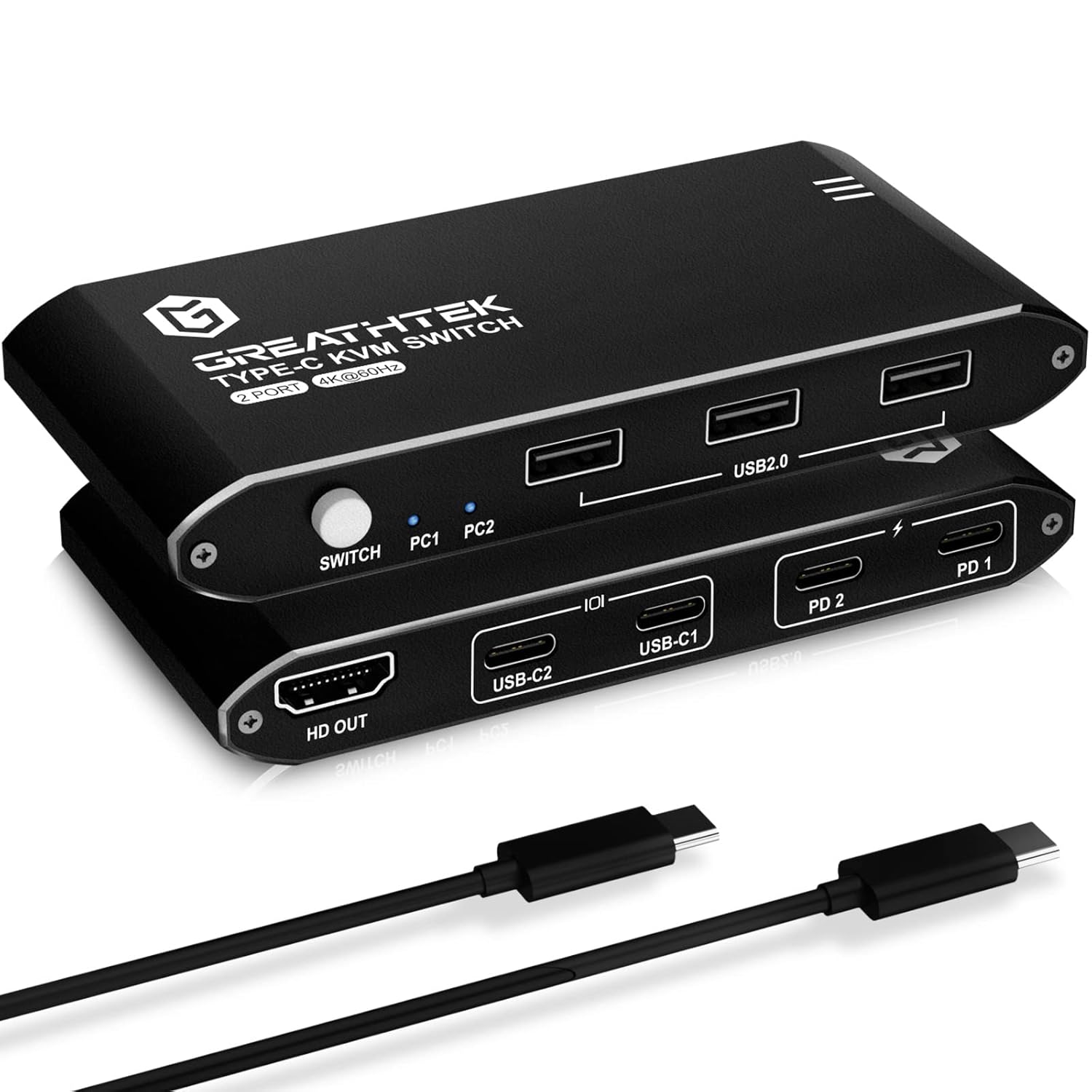 USB C KVM Switch 2 Port 4K60Hz with 3 USB 2.0 Ports & 100W Power Delivery, Type C KVM Switch