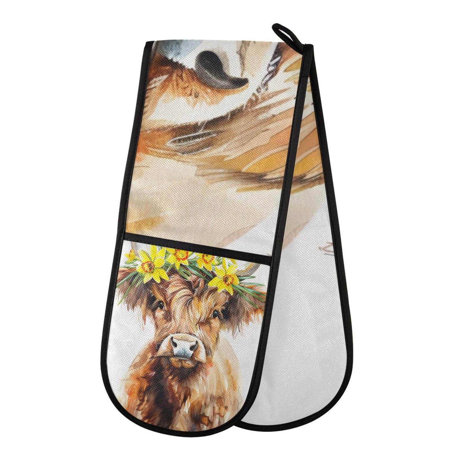 Oven Gloves Double Oven Gloves Cute Watercolor Highland Cow Oven Mitts Pot Holder Heat Resistant Quilted for BBQ Baking Kitchen Cooking Gloves