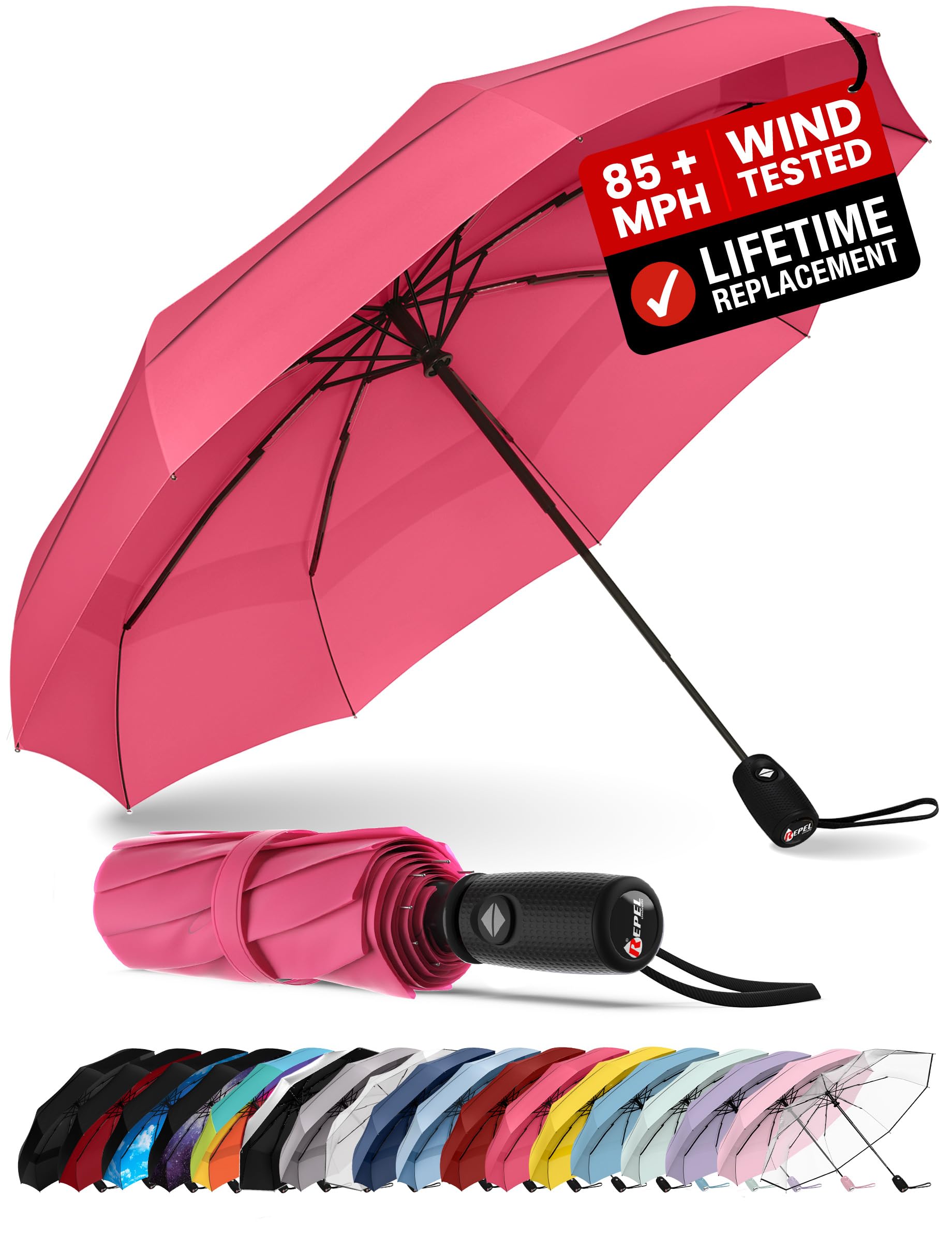 REPEL Windproof Travel Umbrella - Compact & Withstands Winds up to 85MPH , Strongest Premium Auto Folding Umbrella for Rain and Sun - Durable, Light & Portable for Women & Men , Fits Backpack & Cars