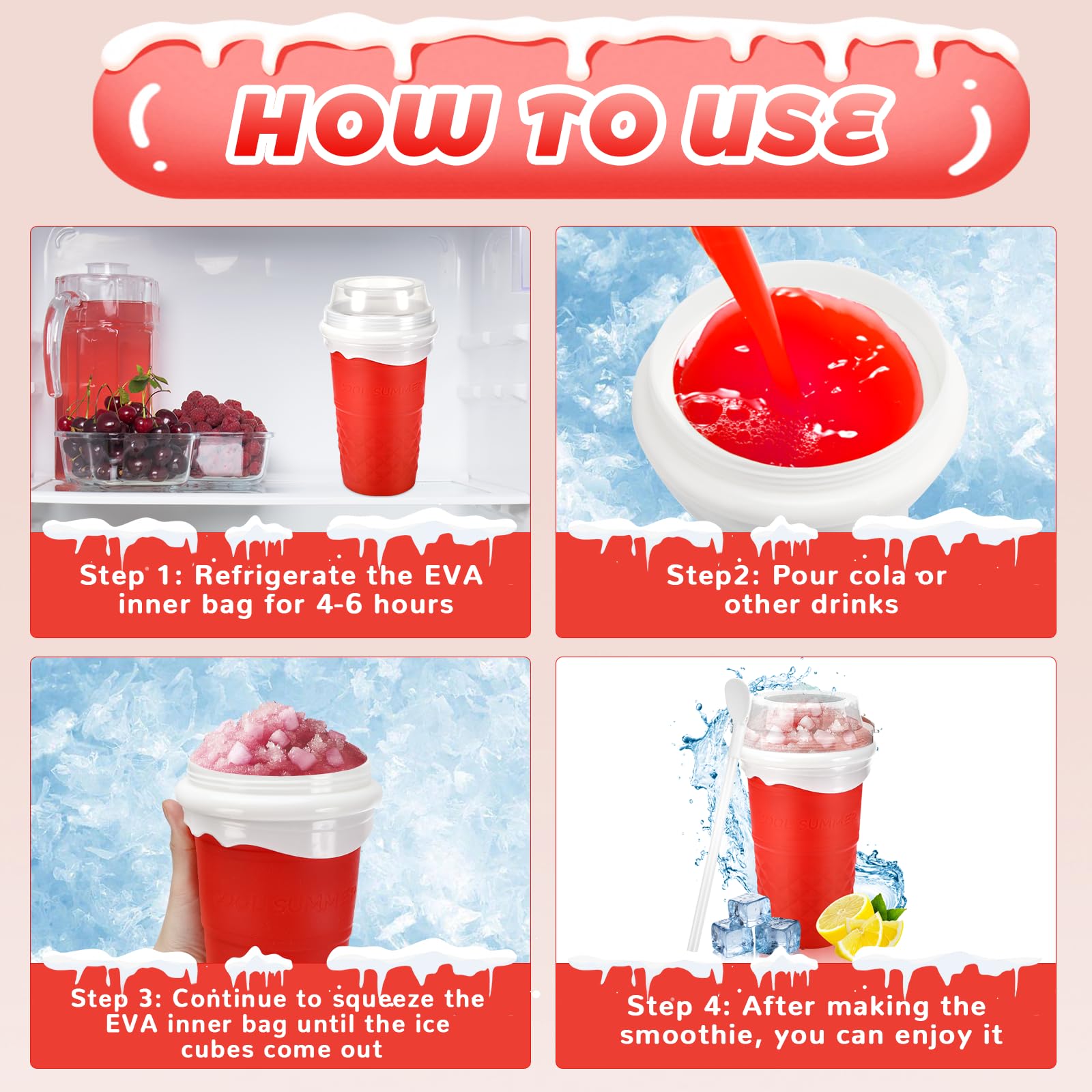 Slushy Maker Cup, Macchina per Granita In Silicone, Con Cannuccia E Cucchiaio 2 In 1, Frozen Magic Squeeze Cup In Silicone, Per I Frullati Fatti In Casa(rosa)