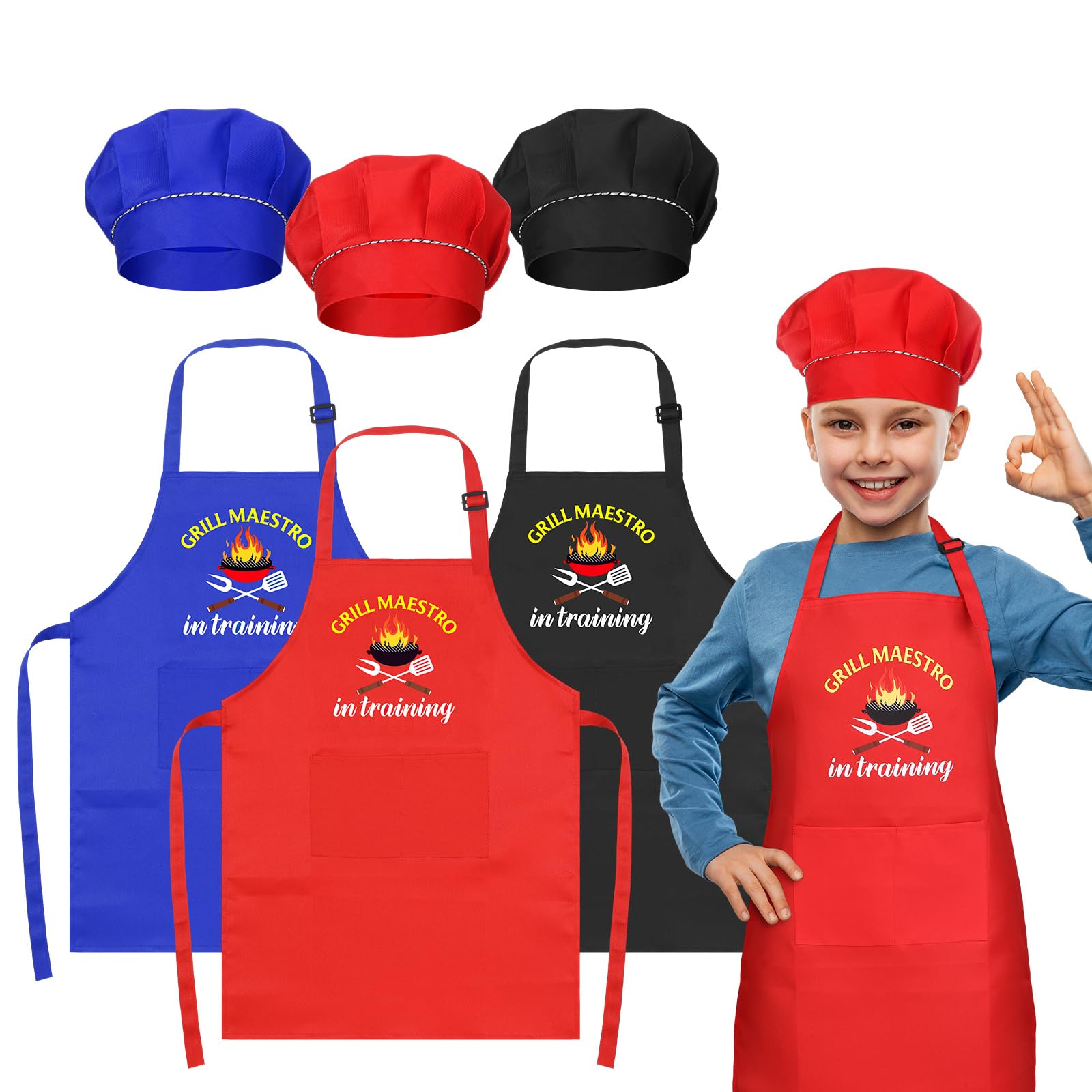 Coume 3 Sets BBQ Grill Master Apron and Chef Hat Kit for Kids Adjustable Cooking Aprons with Pockets Funny Toddler Chef Outfit for BBQ Party, Cooking Class, Siblings Boys Girls Gift,Ages 7-13