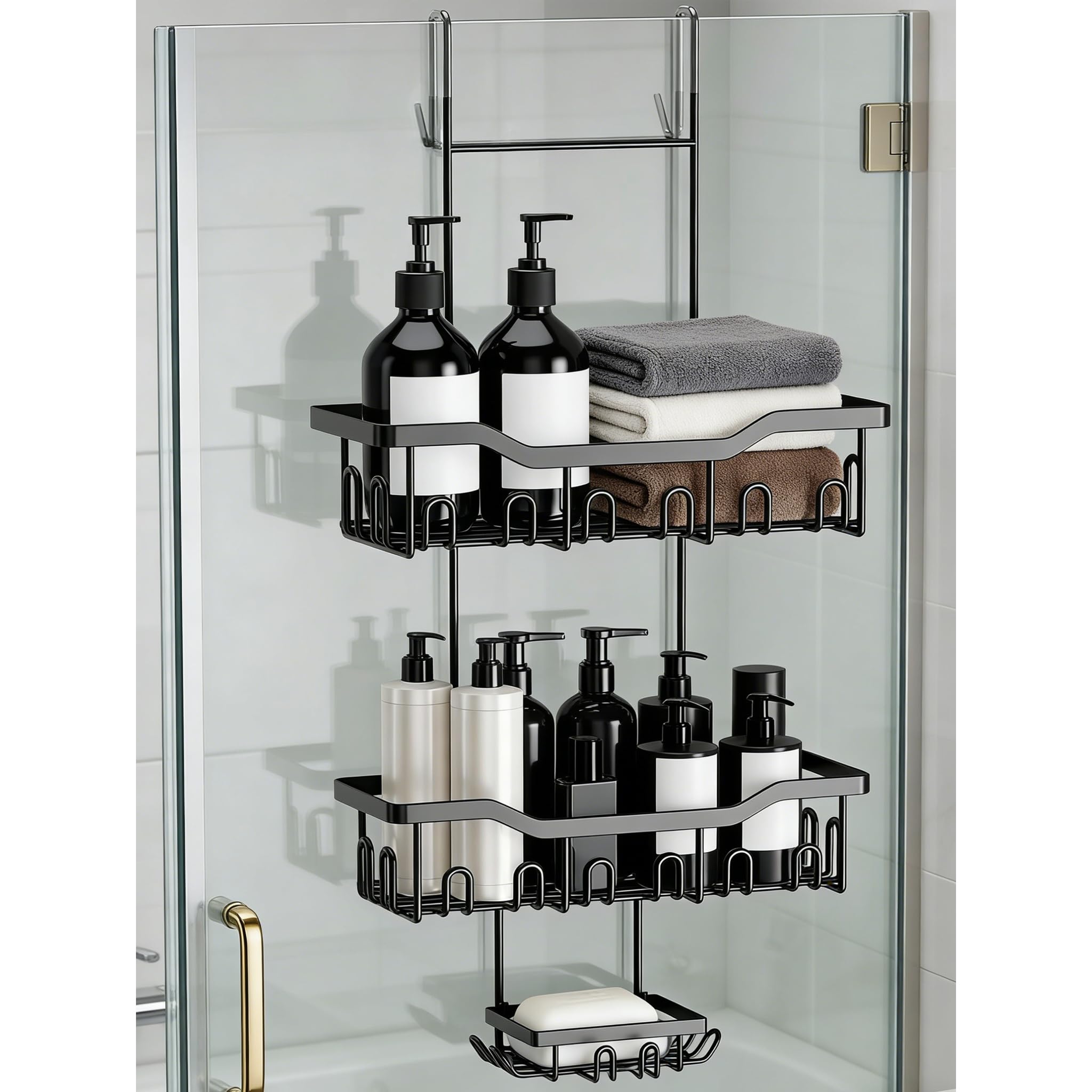 Estanteria Ducha para Colgar, Estante de Ducha para Puerta de Cristal y Puerta de Baño Champú y Gel de Ducha, Organizador Baño con Ganchos (Negro)