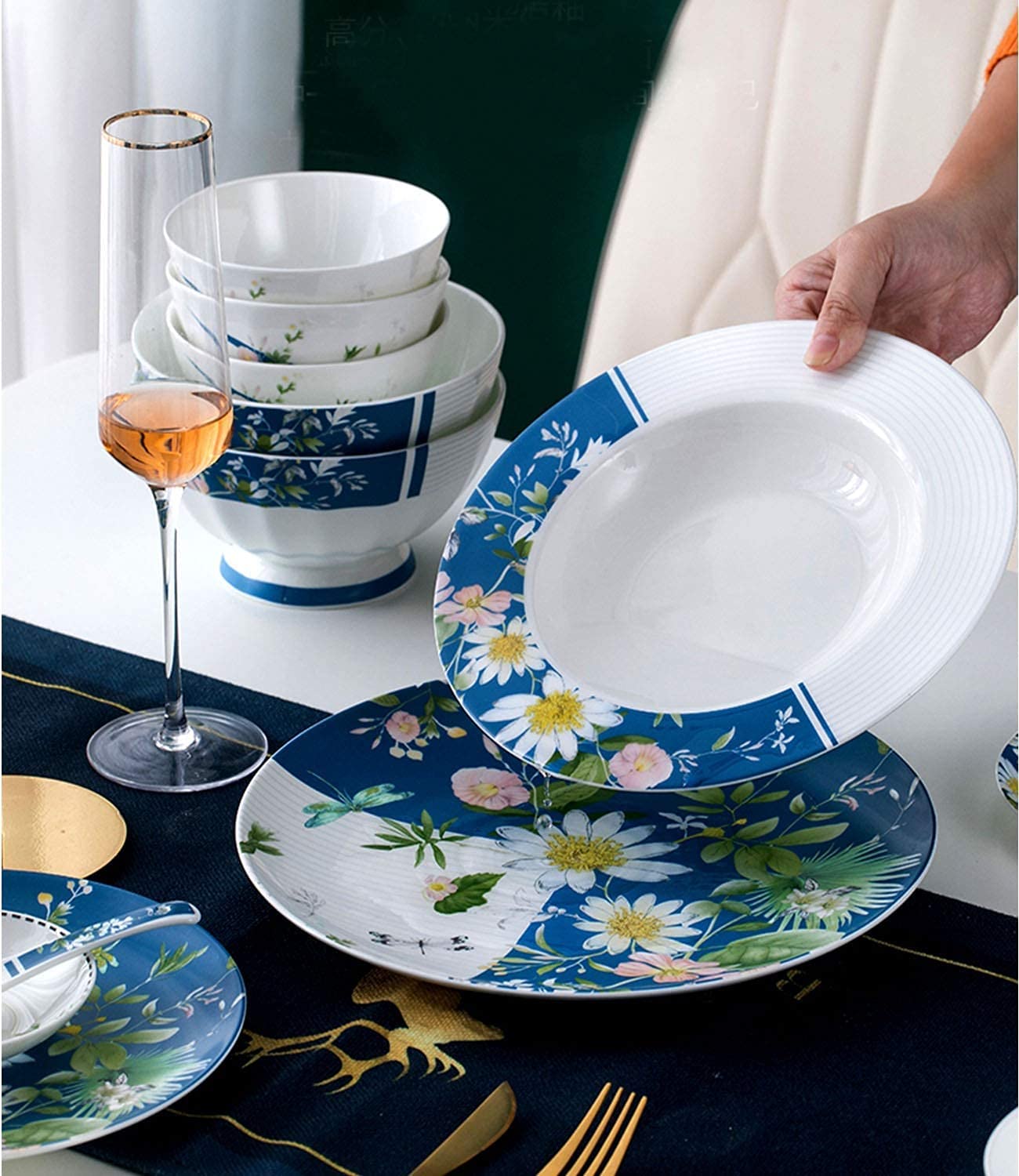 H3TF5J Zestaw stołowy China China, 56-częściowe luksusowe zastawa stołowa, 10-osobowa ceramiczna zastawa stołowa, zastawa stołowa kompatybilna z piekarnikiem mikrofalowym, zastawa stołowa ślubna