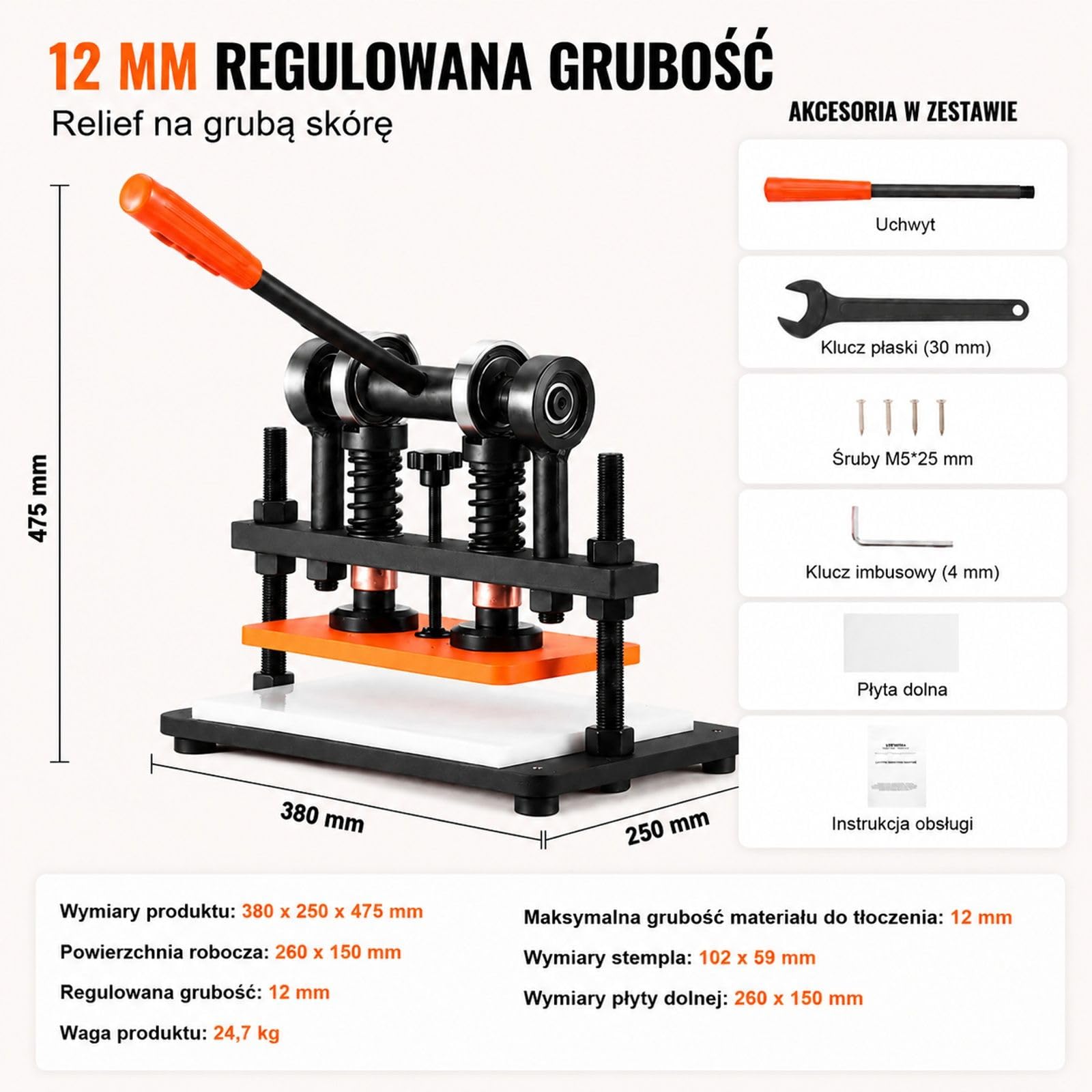 Ręczna prasa do dziurkowania skóry i tłoczenia, pianki PVC/EVA oraz materiałów nieprzylepnych, regulowany skok