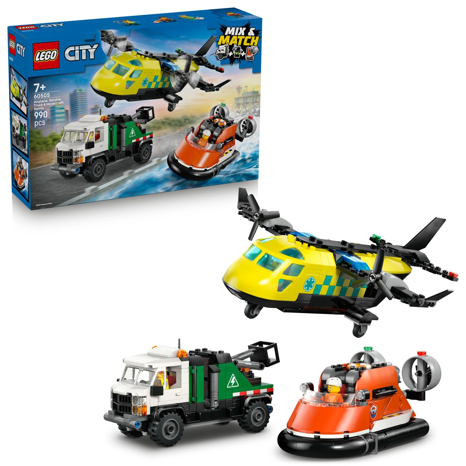LEGO City Uçak, Servis Kamyonu ve Hoverkraft Karışımı 60505 – 7 Yaş Üzeri Çocuklar için Servis Şoförü, Sahil Güvenlik, Sağlık Görevlileri Minifigürü İçeren Oyuncak Yapım Seti, Hediye Fikri (990 Parça)