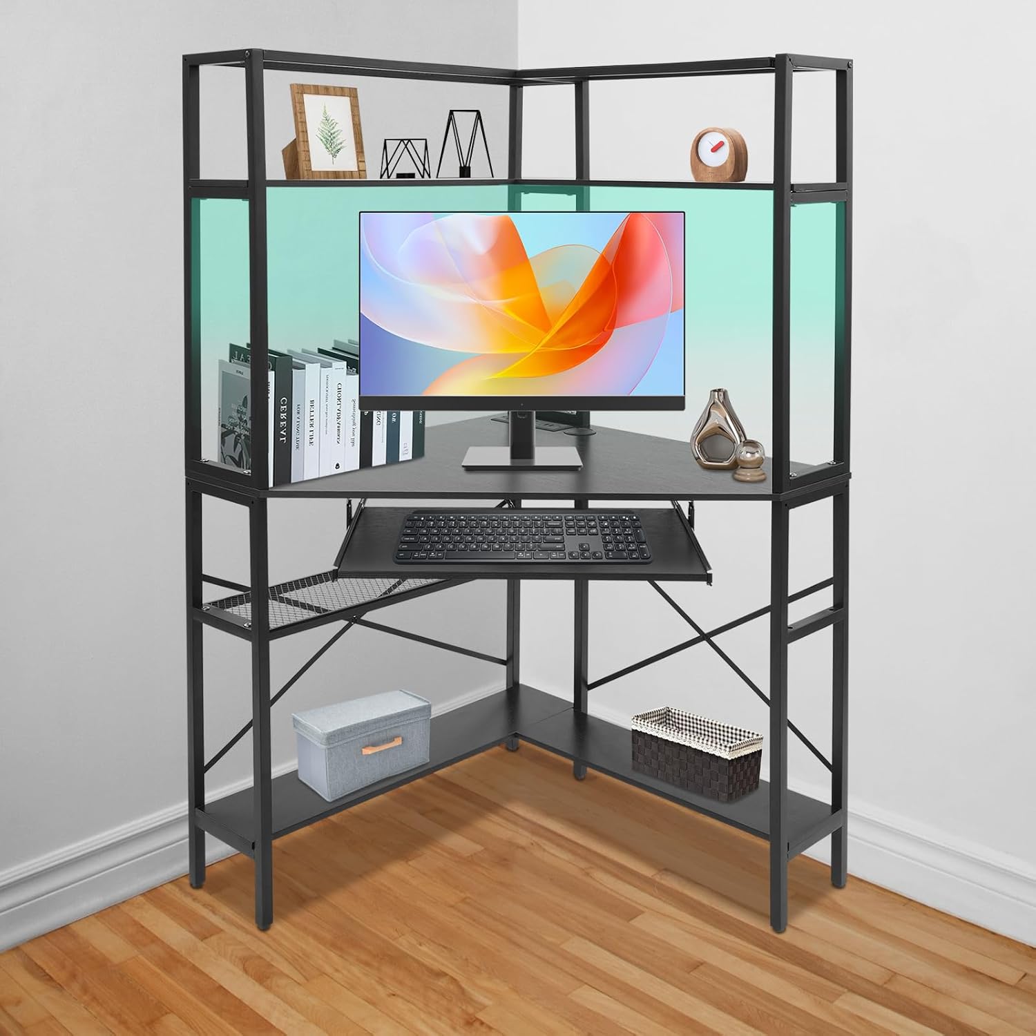Corner Small Desk for Small Space, 29.5”*29.5”*60” Corner Computer Desk with USB Ports Triangle Gaming Desk with with RGB LED Lighting for Home Office, Living Room, Bedroom (Black)