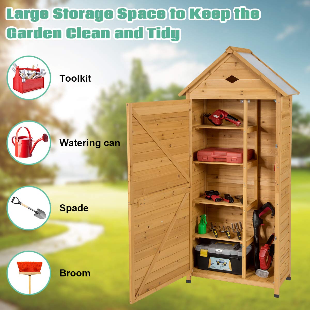 GIANTEX Cassetta Attrezzi 80 x 45 x 177 cm, Armadio da Esterno Portastrumenti a 5 Ripiani Box Casetta Ripostiglio Porta Attrezzi da Giardino in Legno Massello di Abete