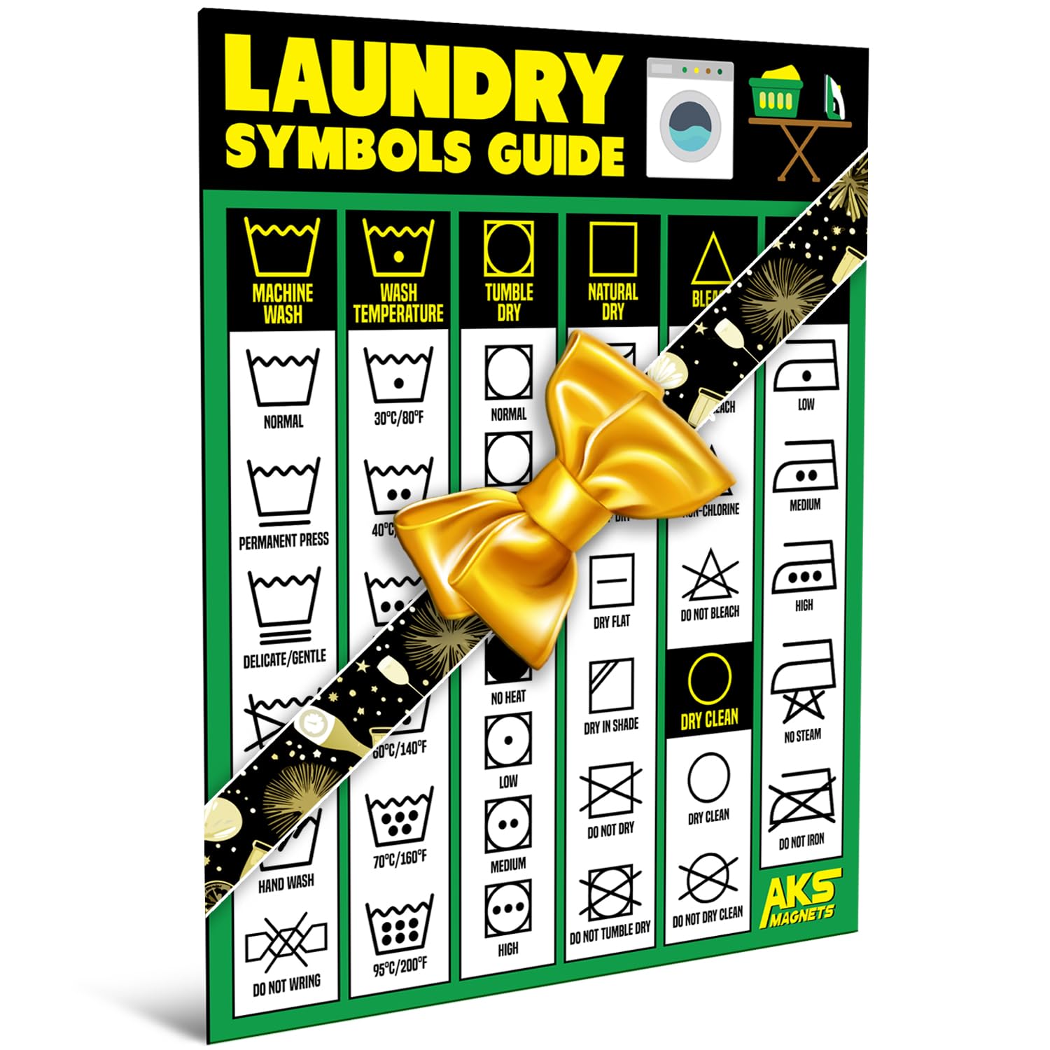 Laundry Symbols Guide Magnet - Extra Large Easy to Read 8.5” x 11” Clothing Care Instruction Cheat Sheet – Washing, Drying, Ironing & Bleaching Accessory - Functional Modern Laundry Room Art Decor