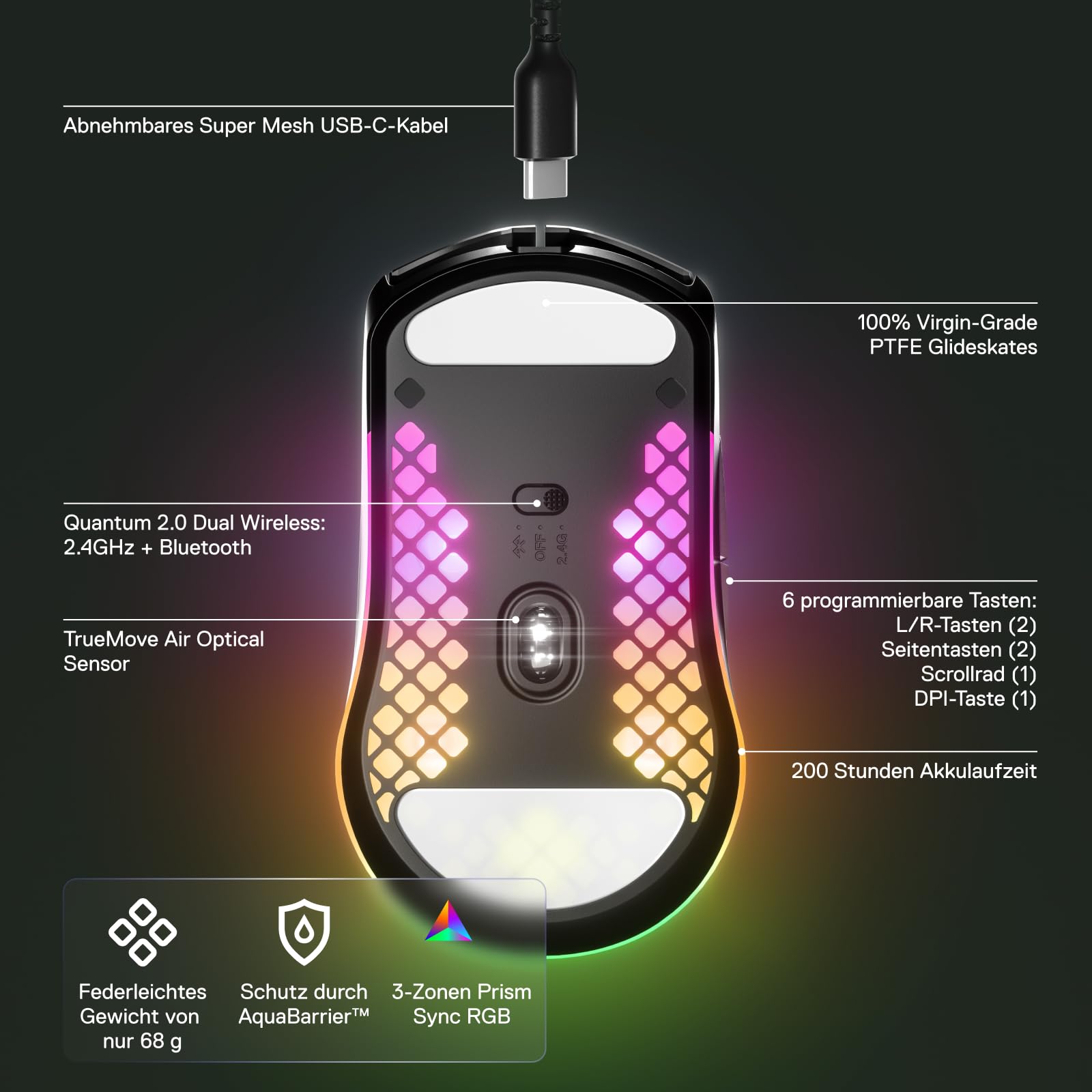 SteelSeries Aerox 3 Wireless RGB Gaming-Mouse, optischer TrueMove Air-Sensor 18.000 DPI, wasserabweisend, Onyx