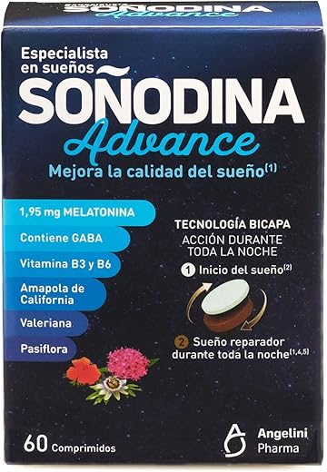 Soñodina Melatonina Bicapa - Complemento Alimenticio a base de Melatonina, GABA y extractos vegetales. Pastilla, Ayuda a Mejorar la Calidad del Sueño(1) , 60 Comprimidos.