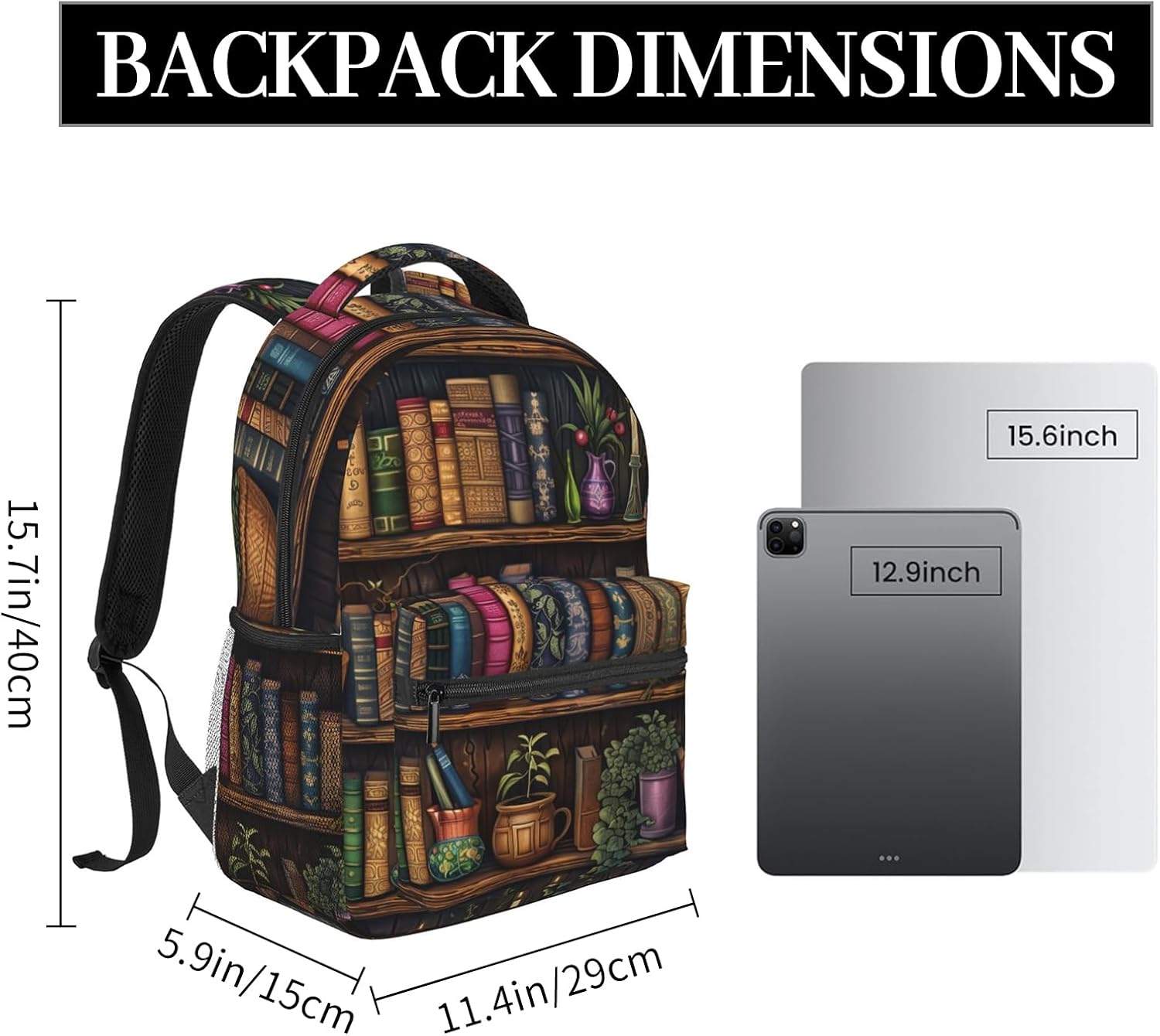 Vintage Bookshelf Backpack, Travel Backpacks Laptop Rucksack for Women, School Bookbag for Kids Girls Boys Teens, Cute Library & Books Back Pack Accessories Bag for Work, Ideal Gifts for Book Lovers