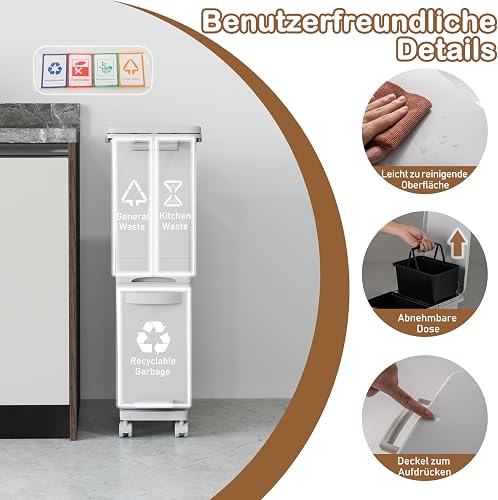 GIANTEX Poubelle de Tri Selectif 32 L, Poubelle Cuisine 3 en 1 avec 2 Bacs Amovibles, Tiroir, Poignées Latérales, Pédale, Autocollants pour Tri des Déchets, Poubelle à Roulettes pour Cuisine (Blanc) - 7