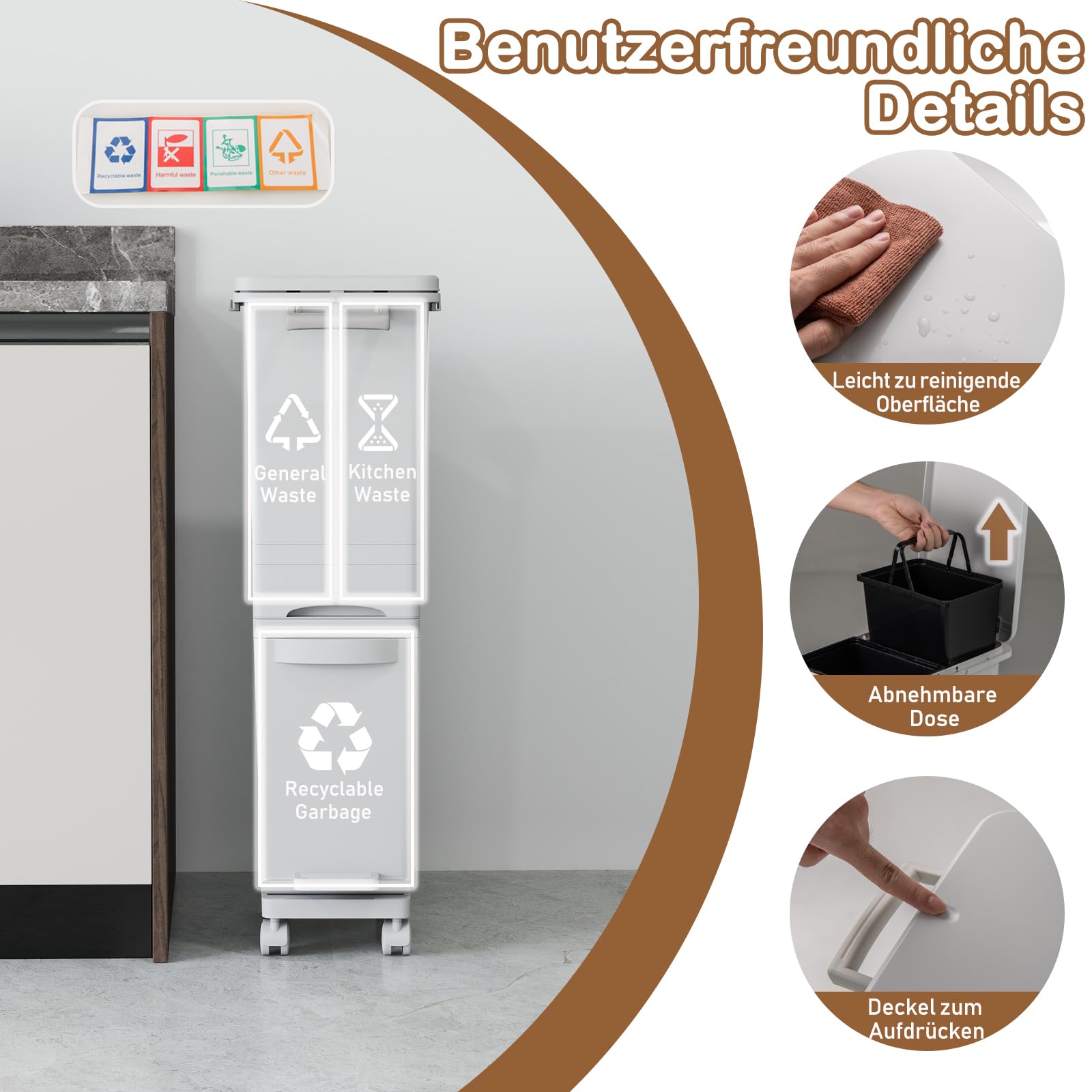 GIANTEX Mülleimer Küche 3 Fächer, 32 L Abfalleimer mit Deckel & Pedal, Tretmülleimer auf Rädern, Abfallbehälter mit Schublade & neigbarem Behälter, 3 in 1 Treteimer Mülltrennsystem mit Aufkleber, Weiß