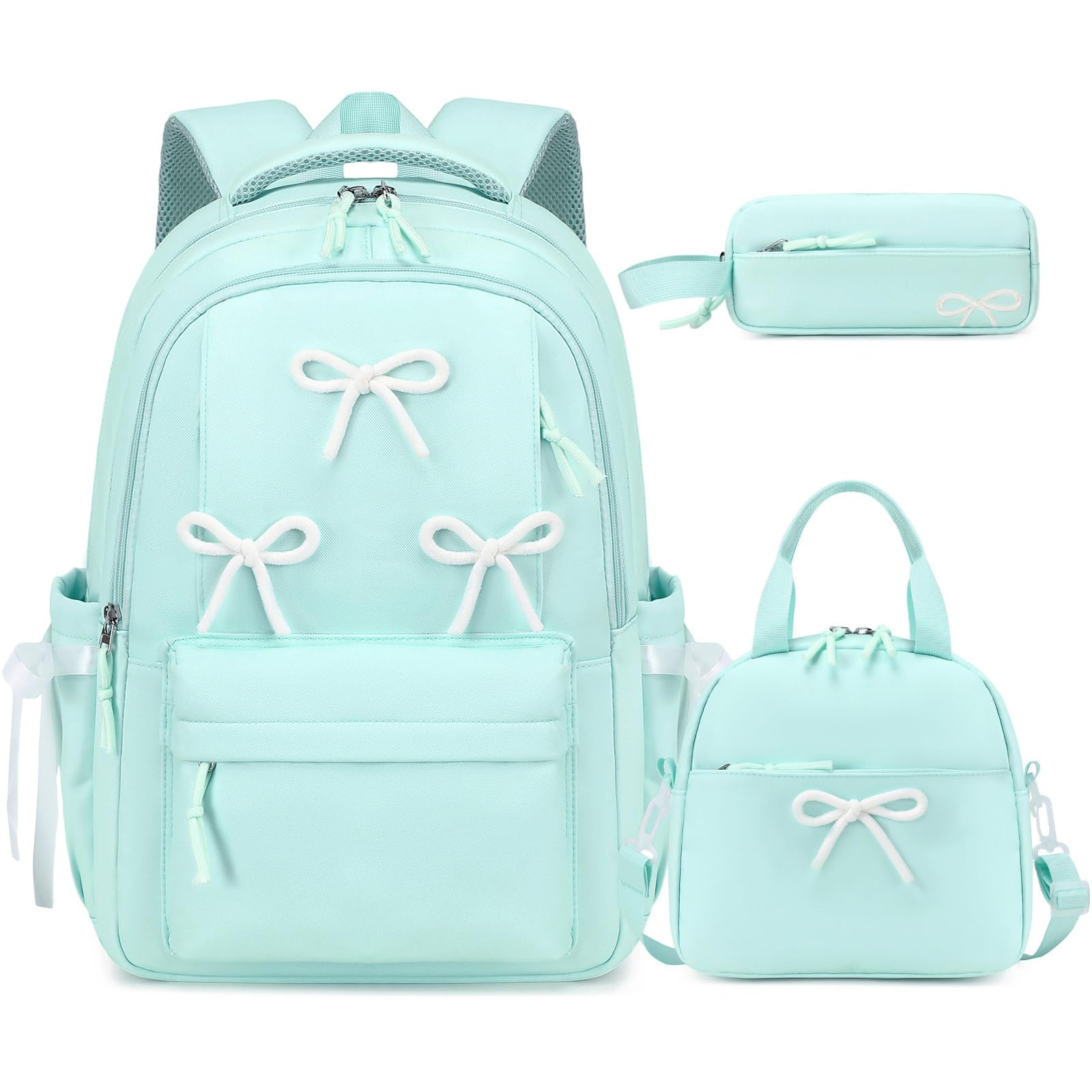 Similove School Backpack for Girls - 3PCS Bow Girls Backpack with Lunch Box & Pencil Case - Casual Aesthetic Teens Kids Bookbag Travel Daypack Set for Middle High School College Student (Green)