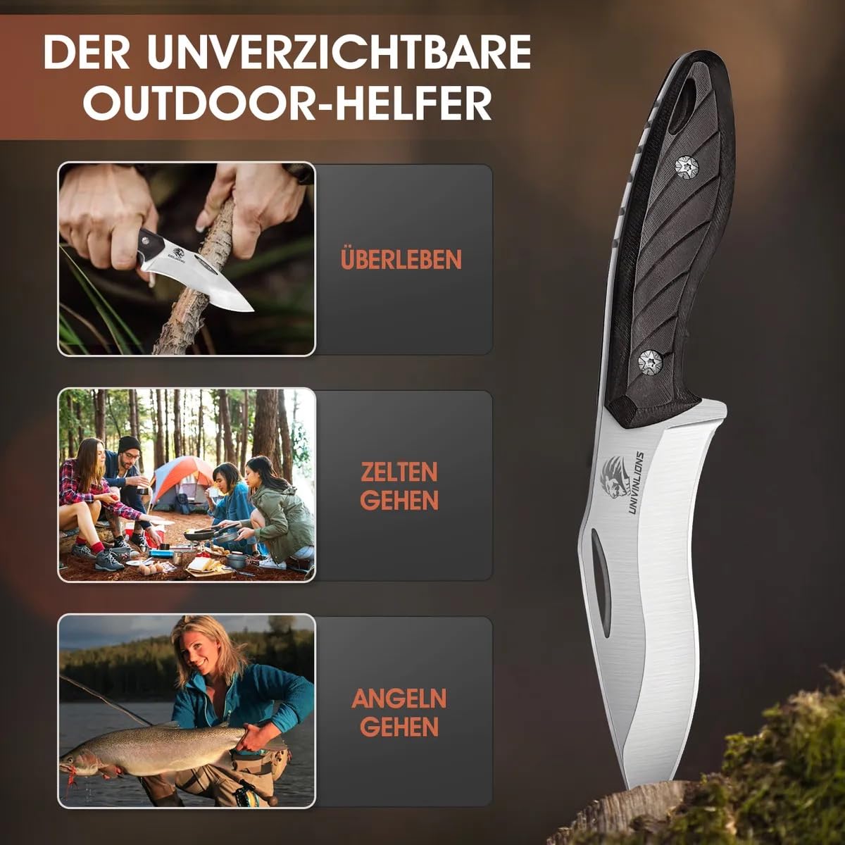 Outdoor Festatehende Klinge 11cm Survival Messer mit Scheide - Camping & Bushcraft Messer mit Holzgriff - Jagdmesser