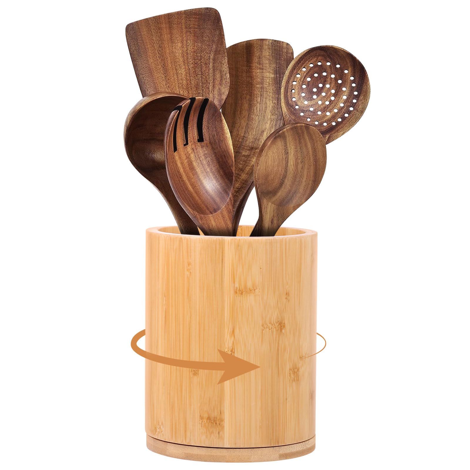 Kuanght Log Color 360° Rotating Utensil Holder Wooden Cooking Utensil Crock Waterproof Kitchen Cutlery Organizer For Countertop(Log Color)
