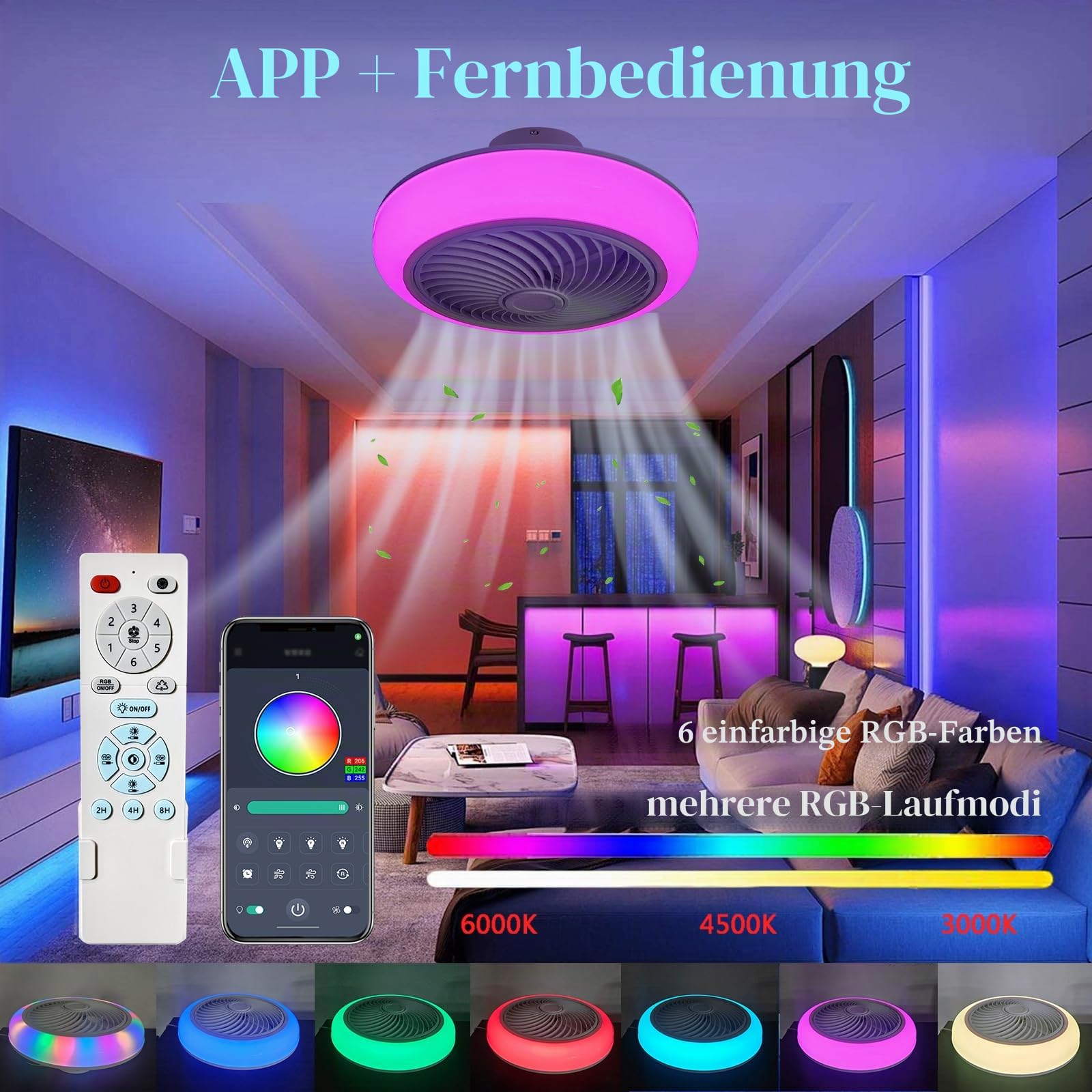 VOMI Reversibler Deckenventilator mit Beleuchtung RGB Fan Deckenlampe mit Bluetooth Lautsprecher, Schlafzimmer Lampe Decke mit Ventilator Kinderzimmer Deckenleuchte LED Dimmbar Fernbedienung/APP