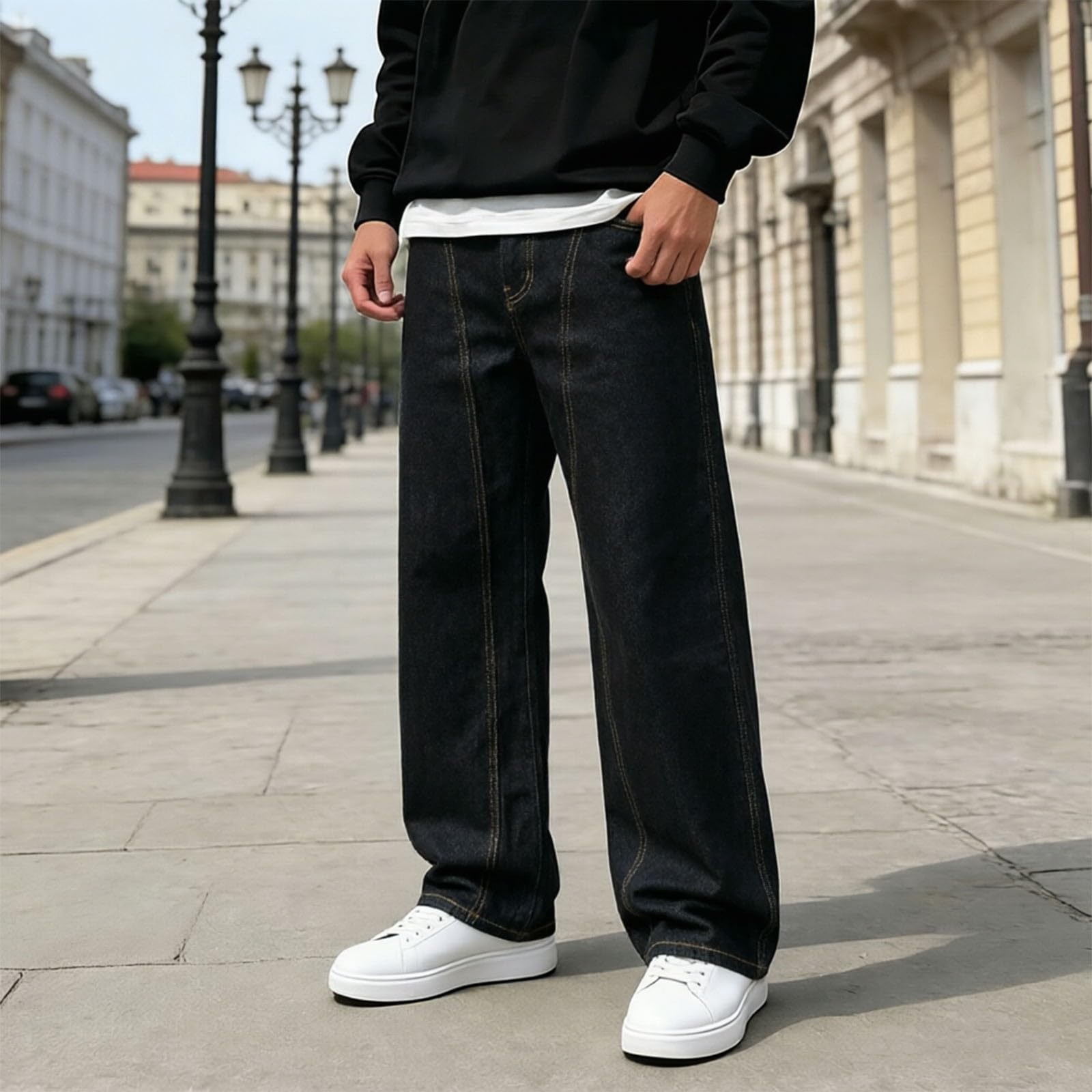 Jeans da ragazzo, dritti elasticizzati, Y2K, svasati, vestibilità comoda, per il tempo libero, casual, a vita alta, elasticizzati, in denim, da lavoro, streetwear per ragazzi