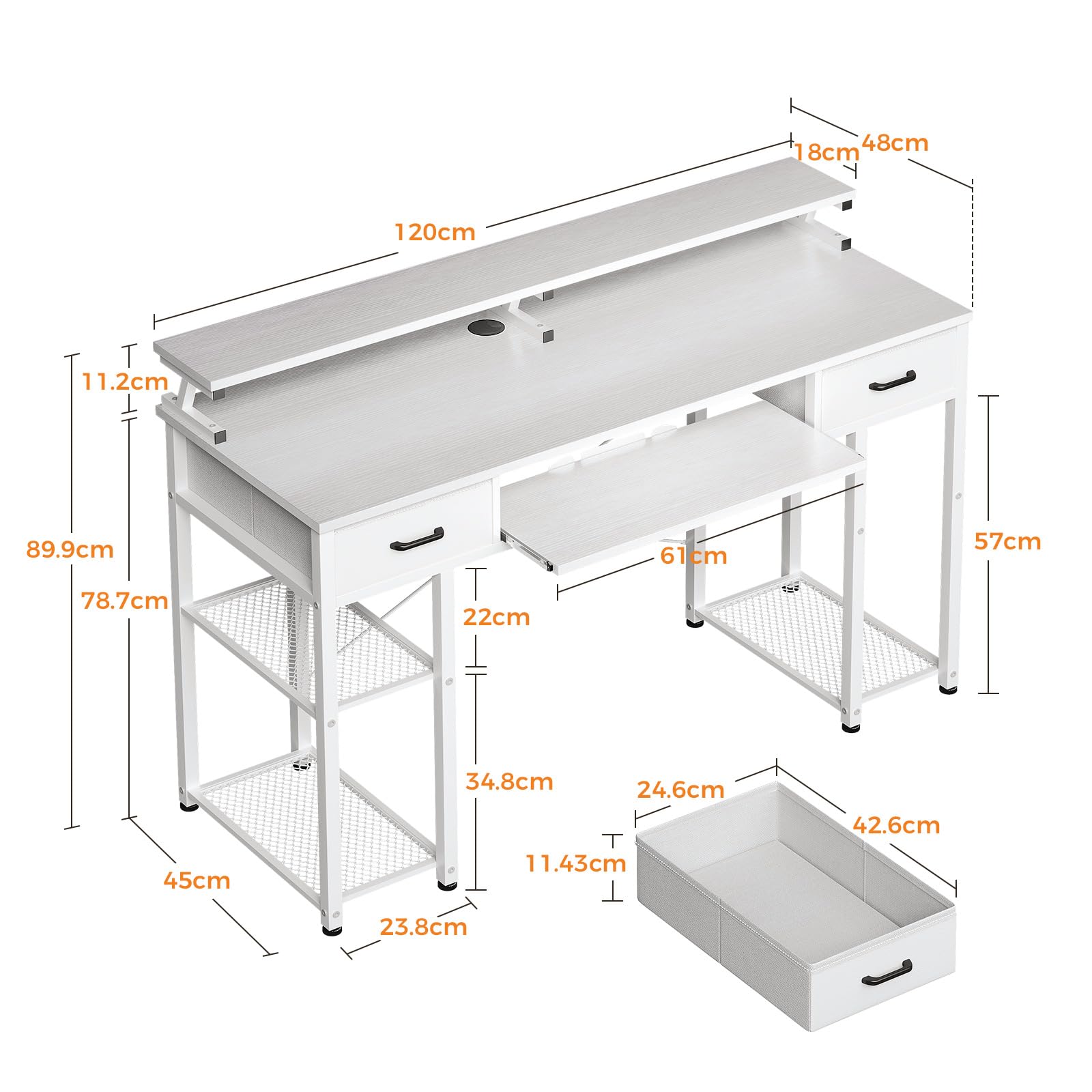 ODK Scrivania con 2 Cassetti, 120x48cm Scrivanie con Ripianiper, Scrivania Salvaspazio con Supporto per Monitor Tavolo Computer Reversibile per Ufficio in Casa, Bianca