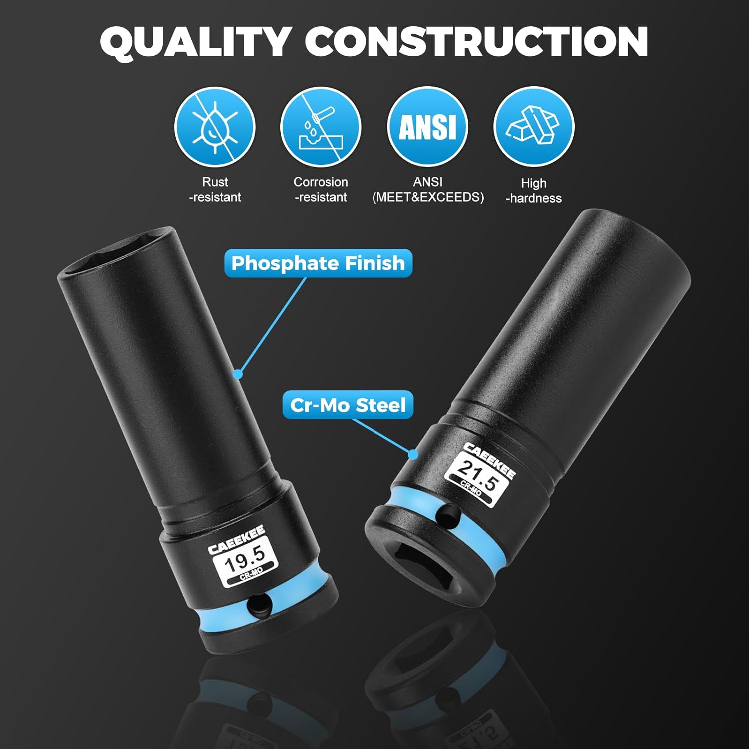 4-Piece 1/2" Drive Lug Nut Impact Socket Set, Non-Marring Thin Wall Wheel Protector Socket，CR-MO, Metric 17.5, 19.5, 21.5, 22.5mm