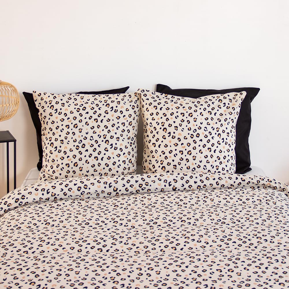 CÔTE DECO Parure de Lit 240x260cm Léopard Beige - Coton– 3 pièces | 1 Housse de Couette Adulte 240x260cm + 2 Taies d'Oreiller 63x63cm