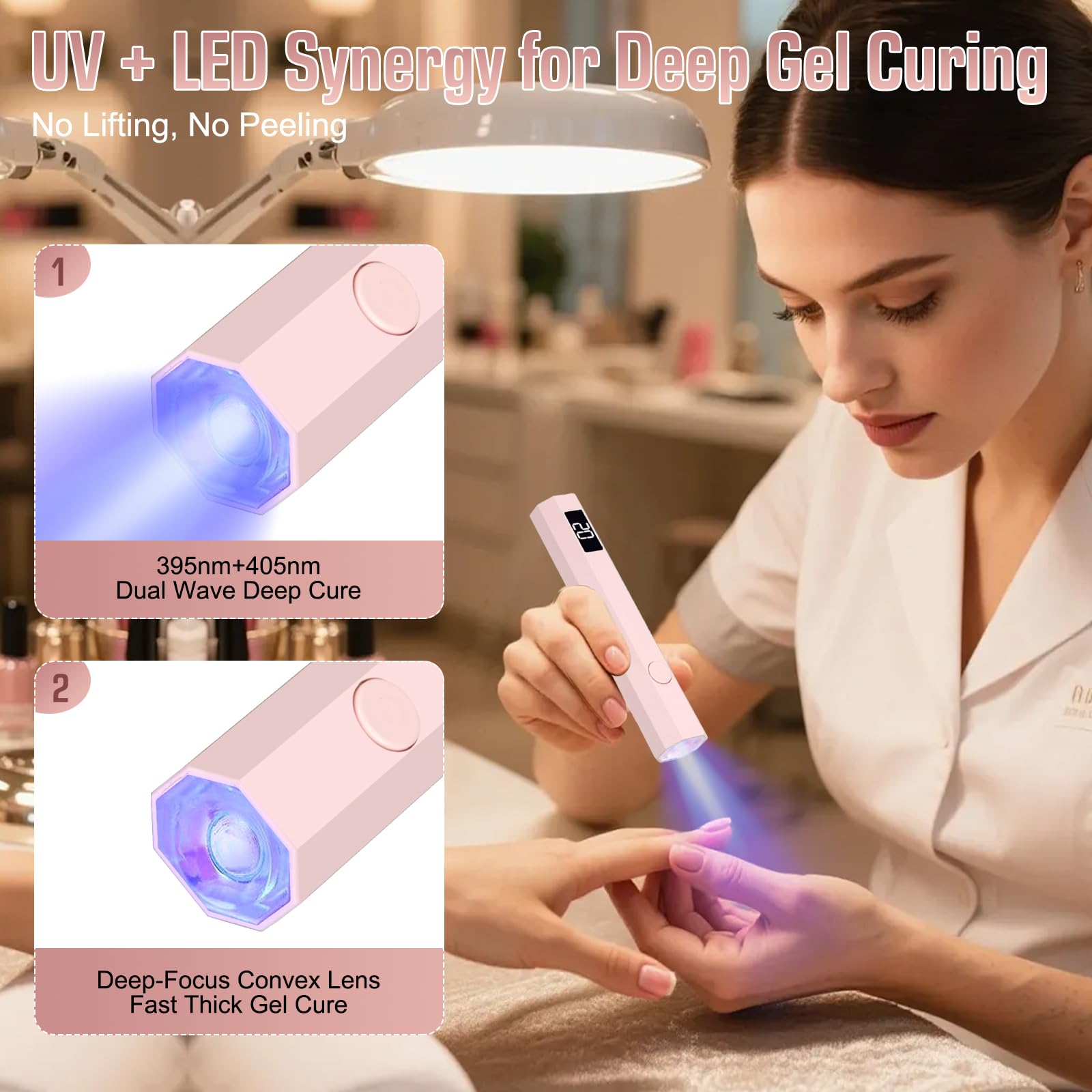 Mini lampada UV per unghie in gel, lampada UV per unghie con supporto, ricaricabile, piccola lampada UV per unghie, portatile, 2 modalità timer per smalto gel (rosa)