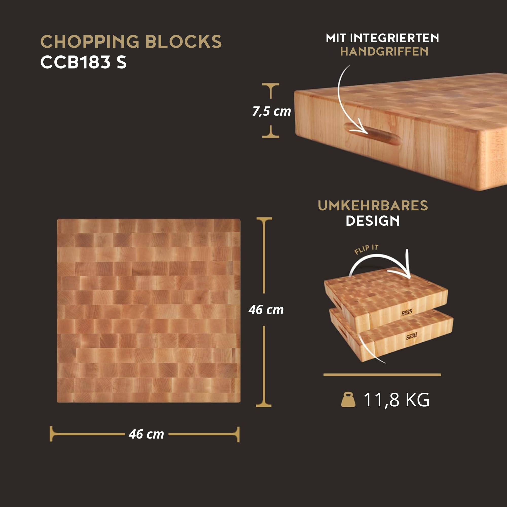 Boos Block Hackbrett Holz - 46 x 46 x 7,5 CM - Schneidebrett Stirnholz | Extra Dick - Nordamerikanisches Ahorn-Hartholz - Hirnholz Schneidebrett - Hackblock Holz - Schneidbrett Antibakteriell Groß