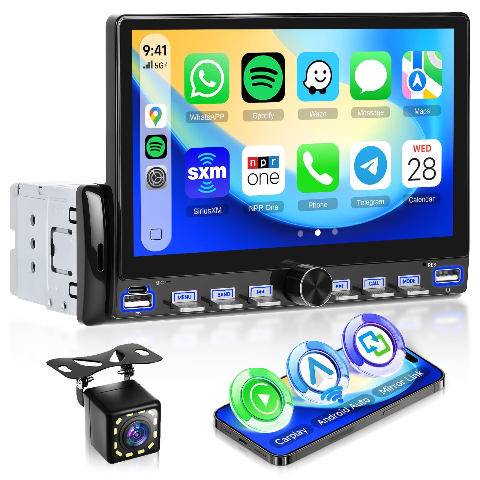 Hodozzy Autoradio 1 Din avec Carplay sans Fil Android Auto, Écran Tactile 7 Pouces Poste Radio Voiture 1 Din Bluetooth, Lien Miroir, FM Type-C/USB/AUX, MP5 Lecteur Vidéo en Ligne avec Caméra Recul