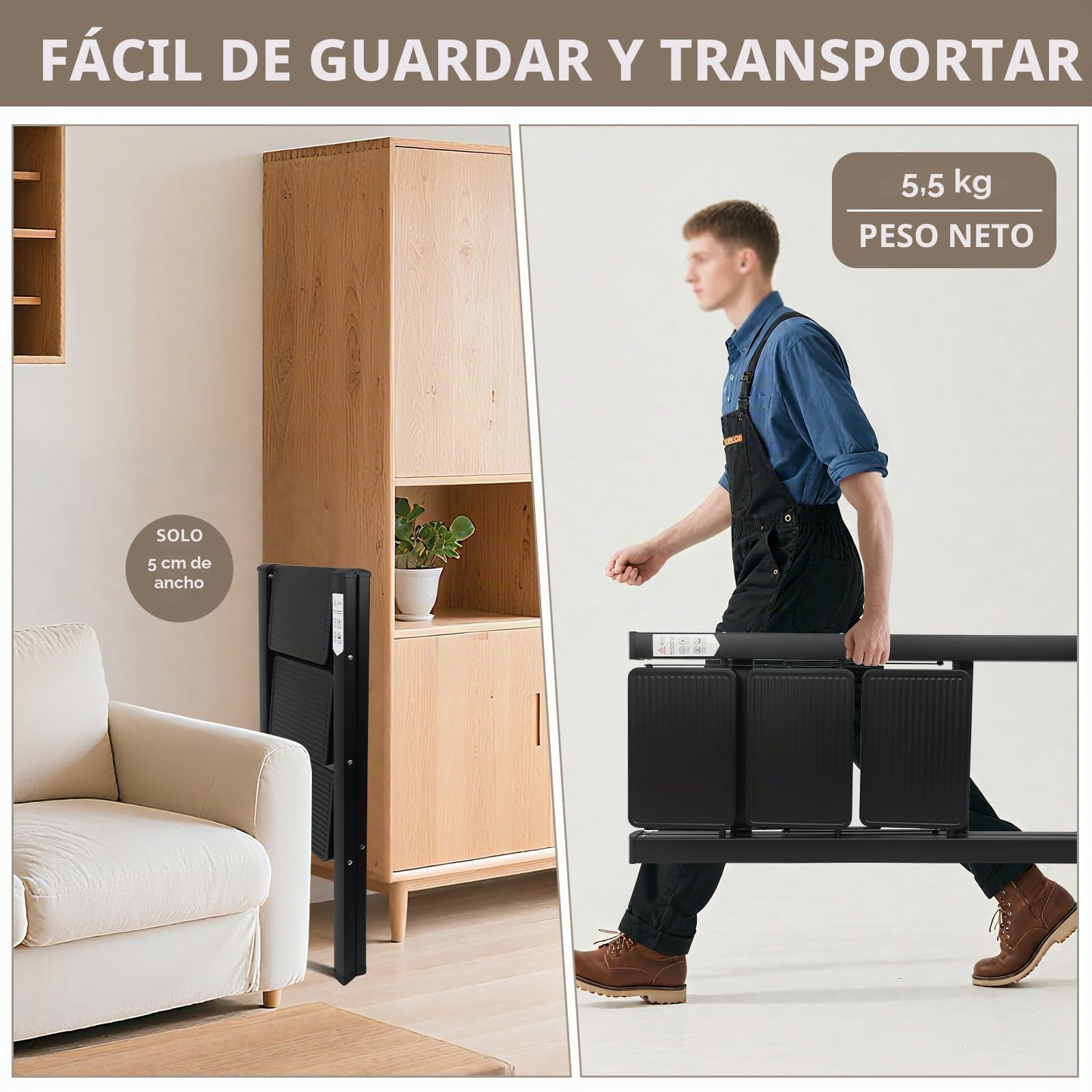 Escalera Plegable de 3 Peldaños, Pedal Antideslizante y Ancho, Escalera portátil para el hogar, Fácil de Guardar, Carga hasta 150 kg, Ideal para Cocinas y Hogar