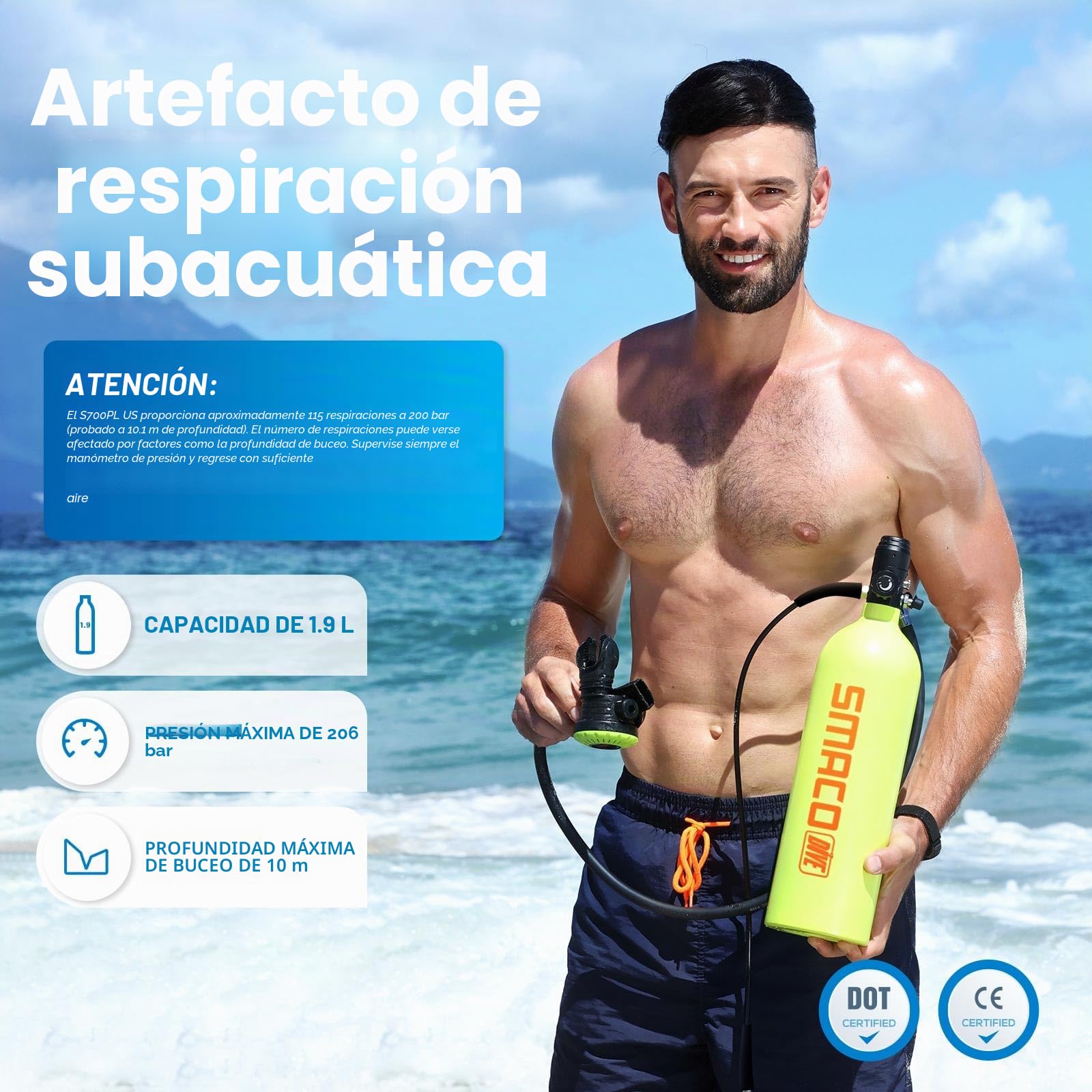 SMACO S700 Plus Mini Botella de Buceo 2 litros Portatil Bombona de Buceo para Respiración Subacuática Pequeñas Botella Submarinismo Tanque de Buceo Recargable para Viajes Nadar Rescate