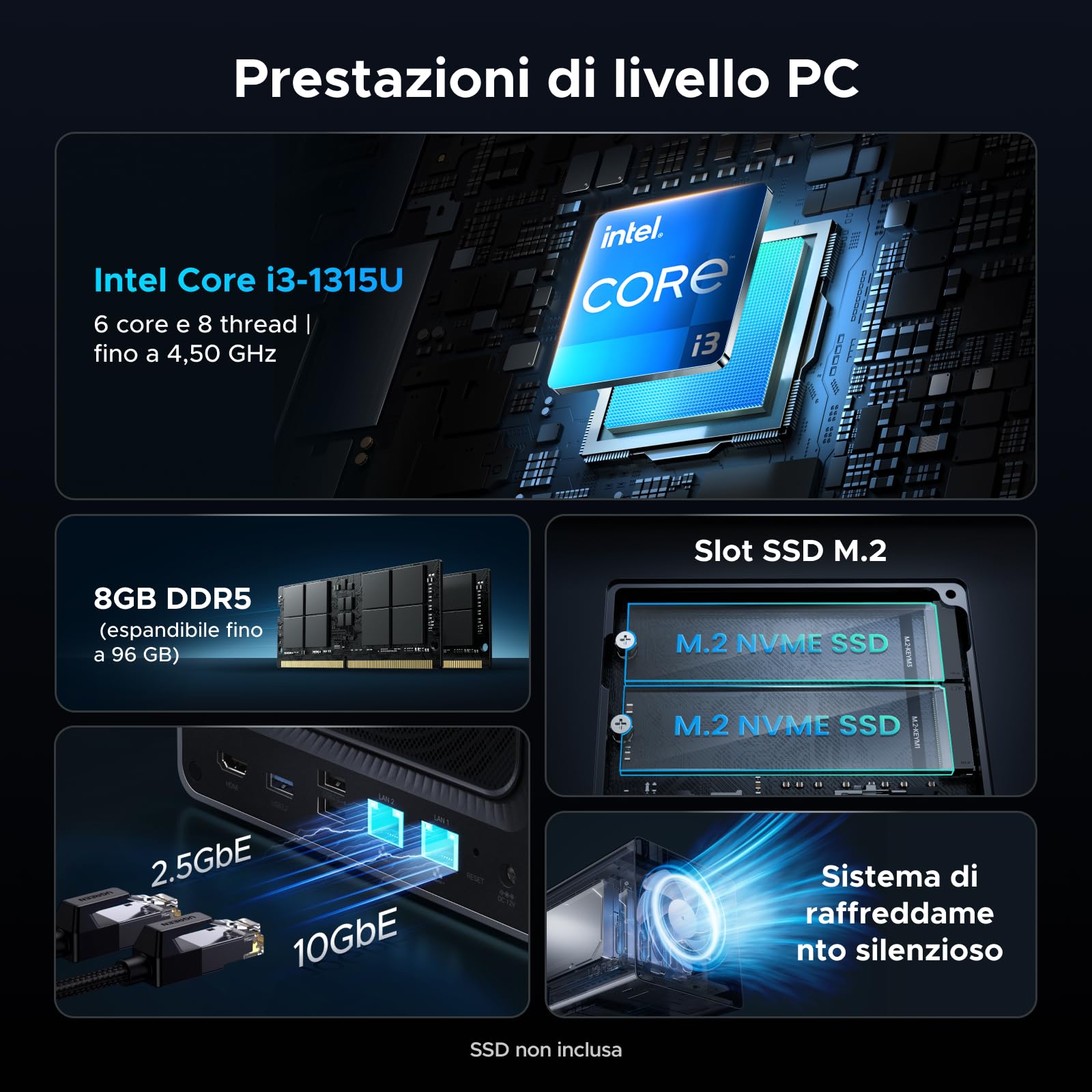 UGREEN NASync DXP4800 Pro NAS Desktop a 4 vani, CPU Intel i3-1315U a 6 core, 8GB RAM DDR5, SSD da 128GB, 10GbE & 2,5GbE porta, 2 slot M.2 NVMe, uscita HDMI 4K (senza dischi inclusi)