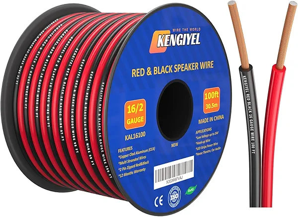 Speaker Wire 16 Gauge 100FT 2 Conductors Red Black Cable Hookup LED Lighting Strips Electrical Wire Extension Cord 16/2 Gauge Wire Copper Clad Aluminum 12V/24V DC Cable Flexible Extension Cord