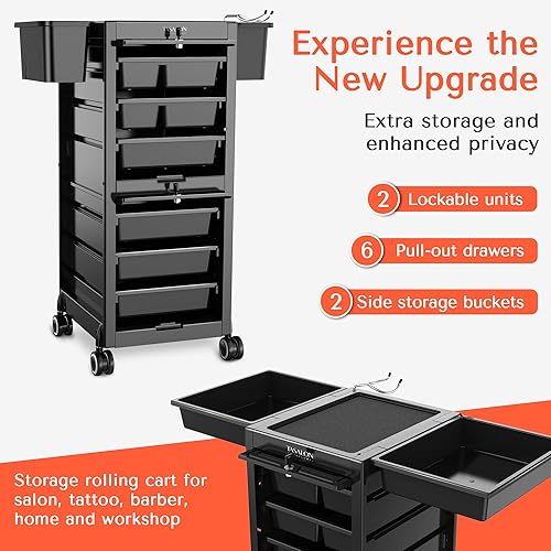 Miniatura 5 de TASALON Carrito de salón con cerradura de alta calidad con ruedas y 6 cajones y 2 cubos, carrito versátil para peluquería, tatuaje, peluquero