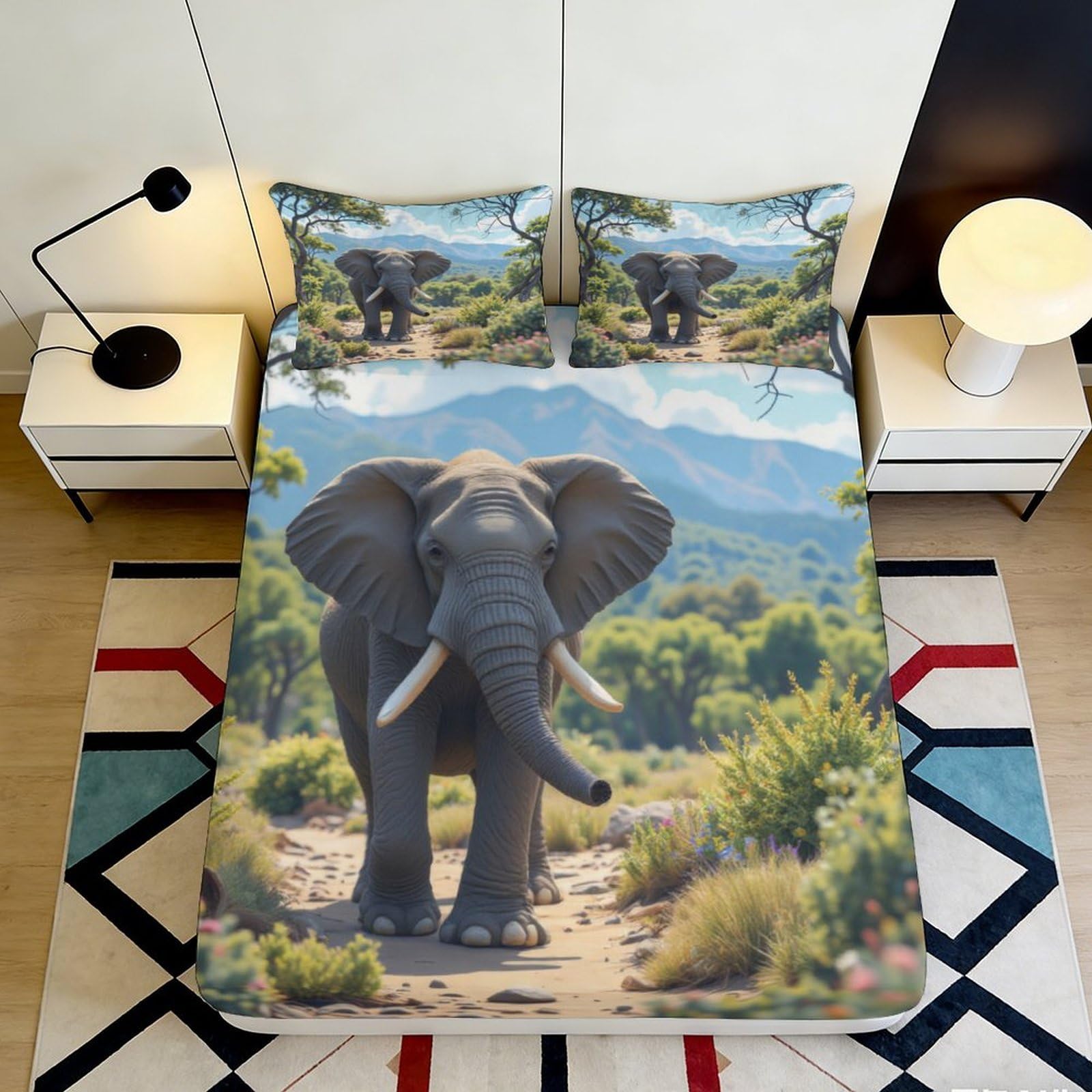 3D Printed Elephant Fitted Sheet Microfiber Soft Durable 3D Printed Jungle Mattress Cover for Bedroom Dormitory Guest Room Mattress Protection 160x200x25cm