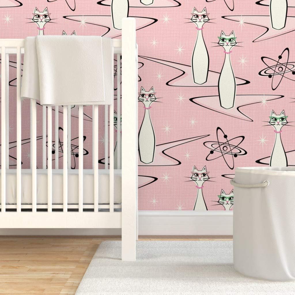 Peel & Stick Wallpaper 3ft x 2ft - Atomic Age Cats On Pink Retro 1950S Cats Midcentury Modern Custom Removable Wallpaper by Spoonflower