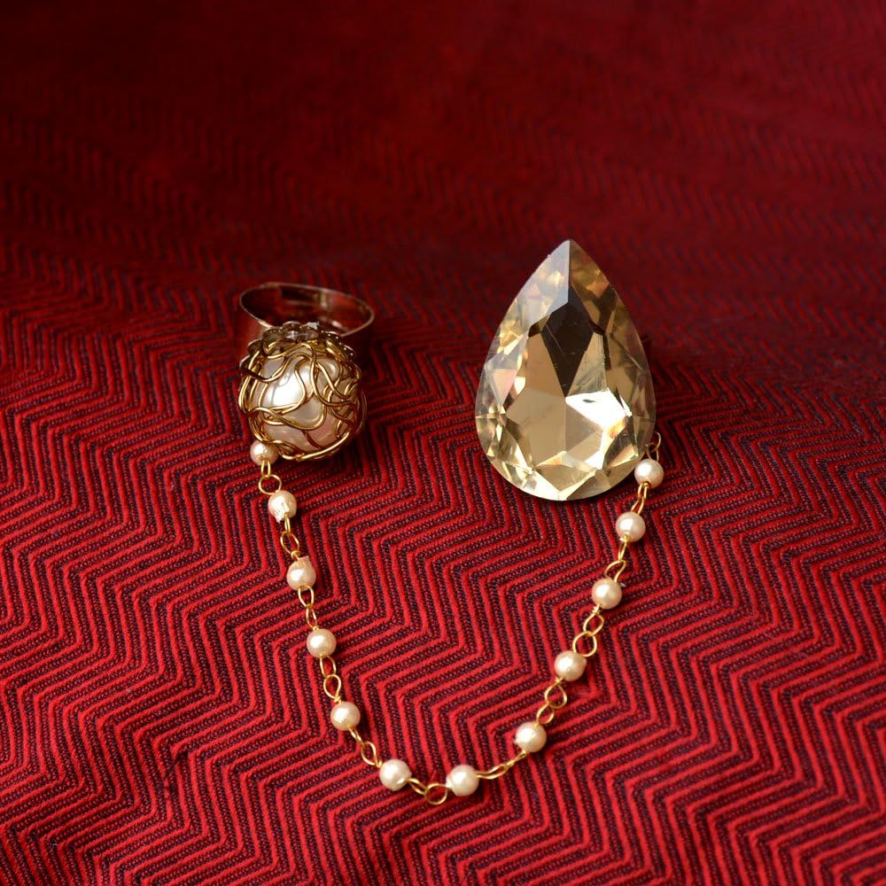 Abhika Creations Crystal and Pearl Two Finger Ring With Champagne Color Glass Crystal And A Faux Pearl Enclosed In A Wire Mesh Hand Crafted Ring