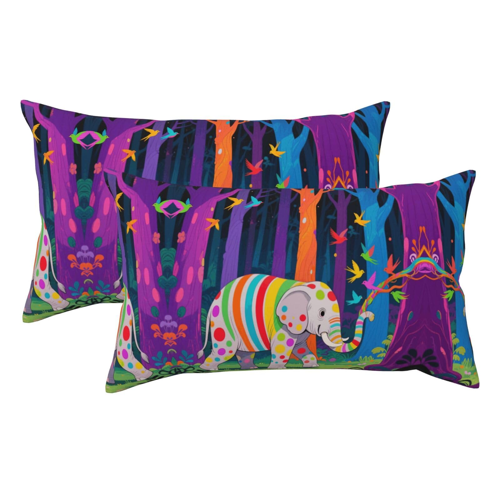 Colorful Forest Elephant Luxury King Pillowcases Set of 2, Plush Velvet Feel Pillow Covers with Hidden Zipper, Skin & Hair Friendly, 20x36 Inches Pillow Cases for Sleeping Gift