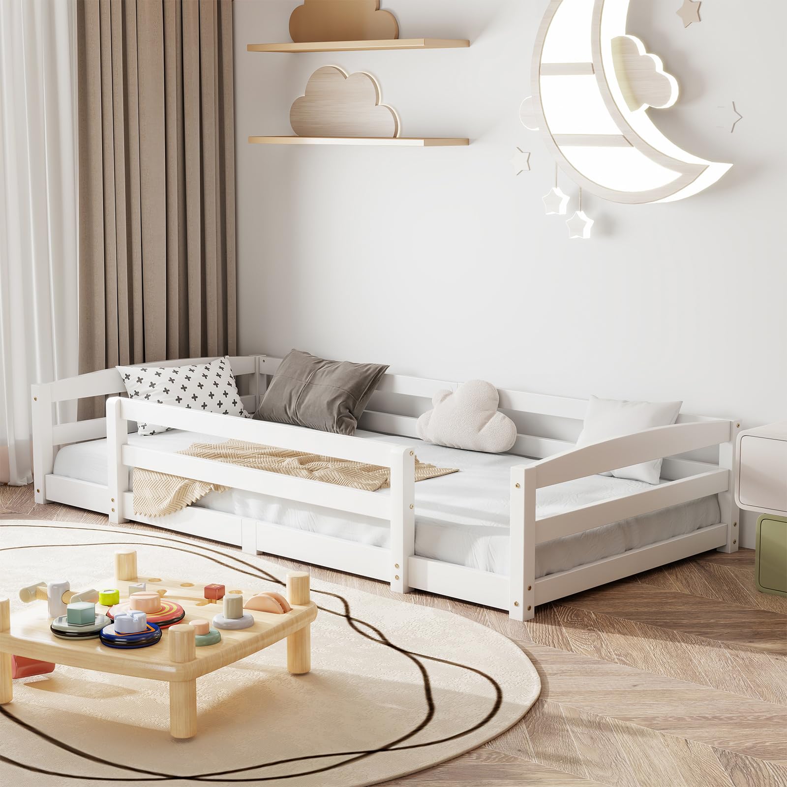 Bodenbett 90x200cm Montessori Kinderbett mit Rausfallschutz & Lattenrost Kiefer Massivholz bis 100 kg belastbar für Jungen Mädchen Kinder Bett