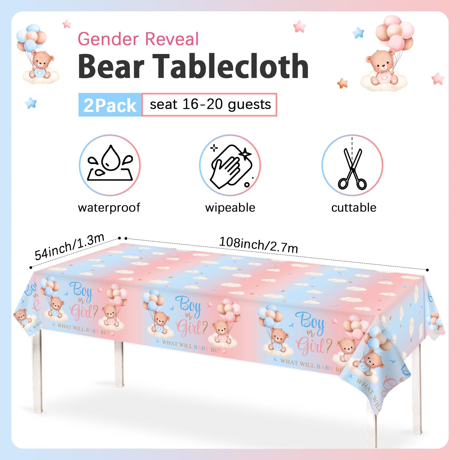 Heboland 2 Pack Bear Gender Reveal Table cloth - Image 3