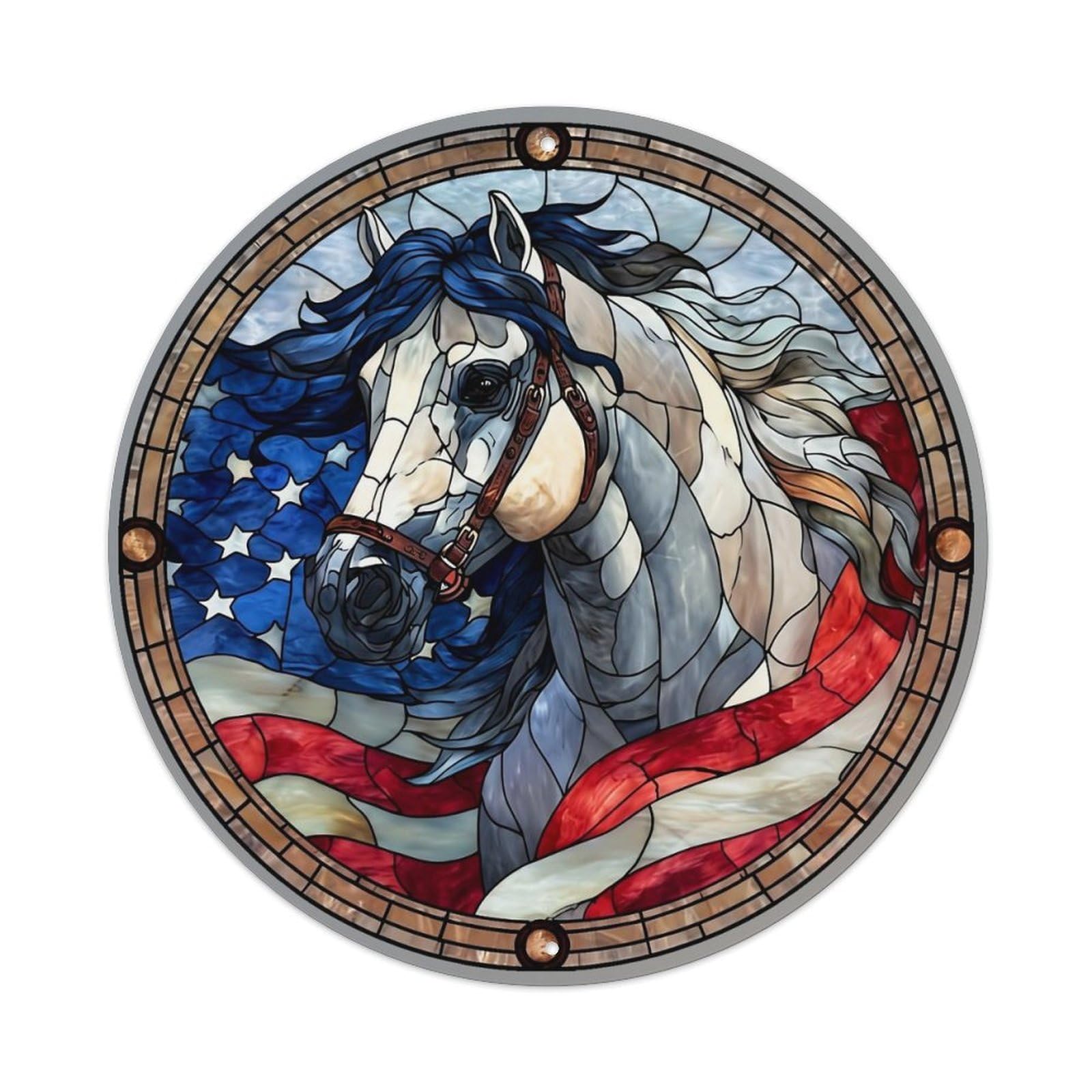 Stained Glass Horse American Flag Retro Metal Sign Round Tin Sign, Vintage Decor Art Poster for Bar, Home, Man Cave, Kitchen, Laundry Room Gift 8x8Inch