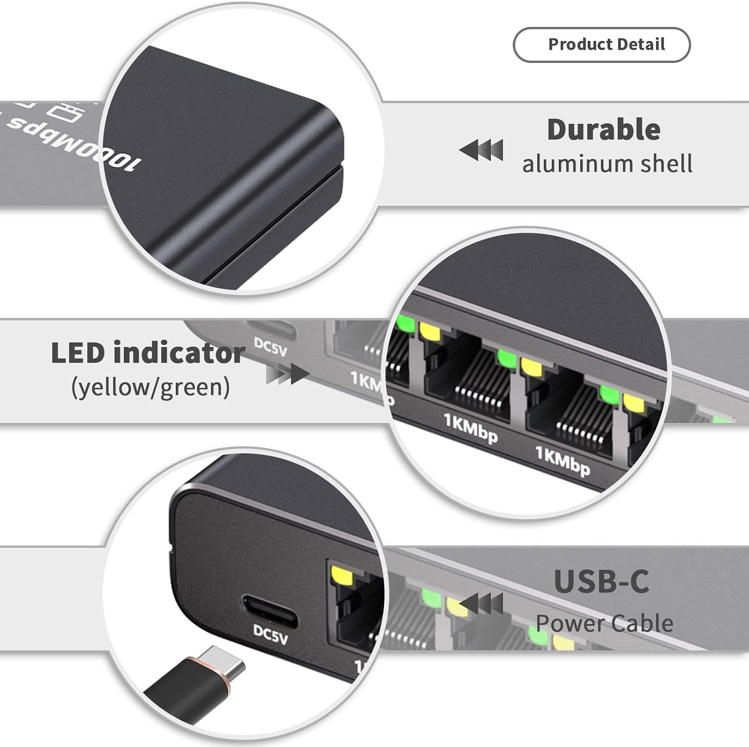 Gigabit Ethernet Splitter 1 to 4 - 1000Mbps RJ45 Port Router Switch with USB-C Power, Plug & Play 1-in-4-Out LAN Adapter for Cat5/5e/6/7/8 Cables, High Speed Network Switch for Desktop Printer Camera