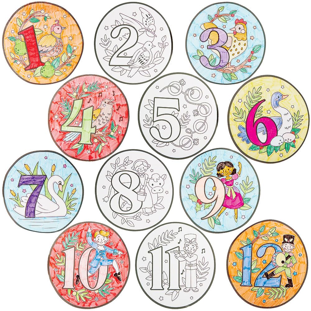 Baker Ross FN672 12 Days of Christmas Colour-in Window Decorations – Pack of 12, Christmas Craft Sets for Kids to Colour and Display