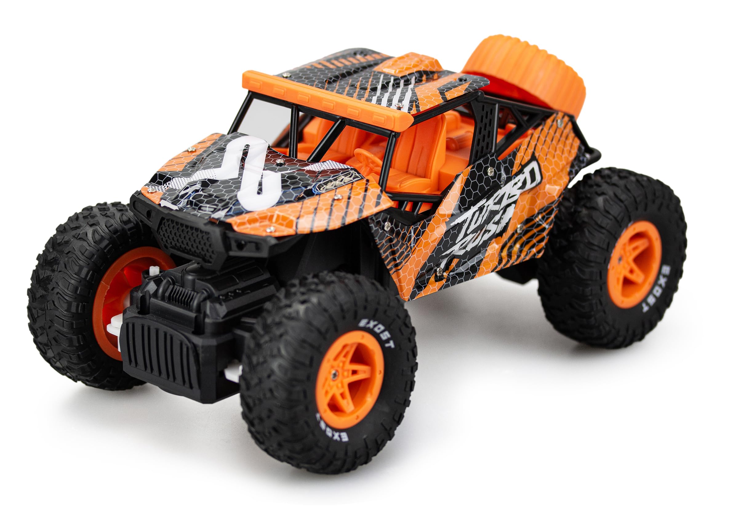 Exost Turbo Rush - Coche de control remoto de 2,4 GHz, función completa, carreras todoterreno, neumáticos duraderos, batería recargable, juguete para niños a partir de 5 años
