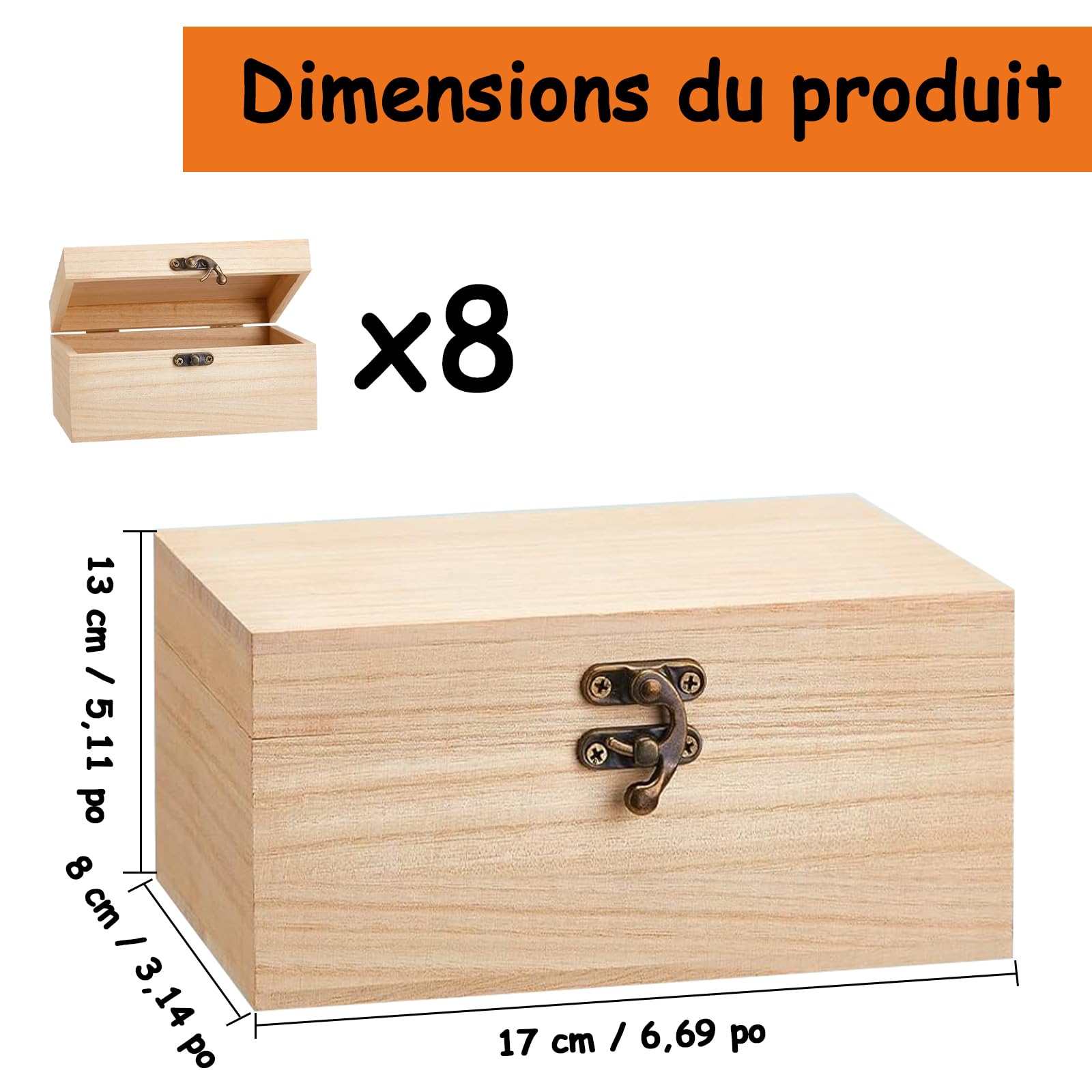 Lot de 8 Boîtes au Trésor en Bois Brut 17 x 13 x 8 cm avec Fermoir