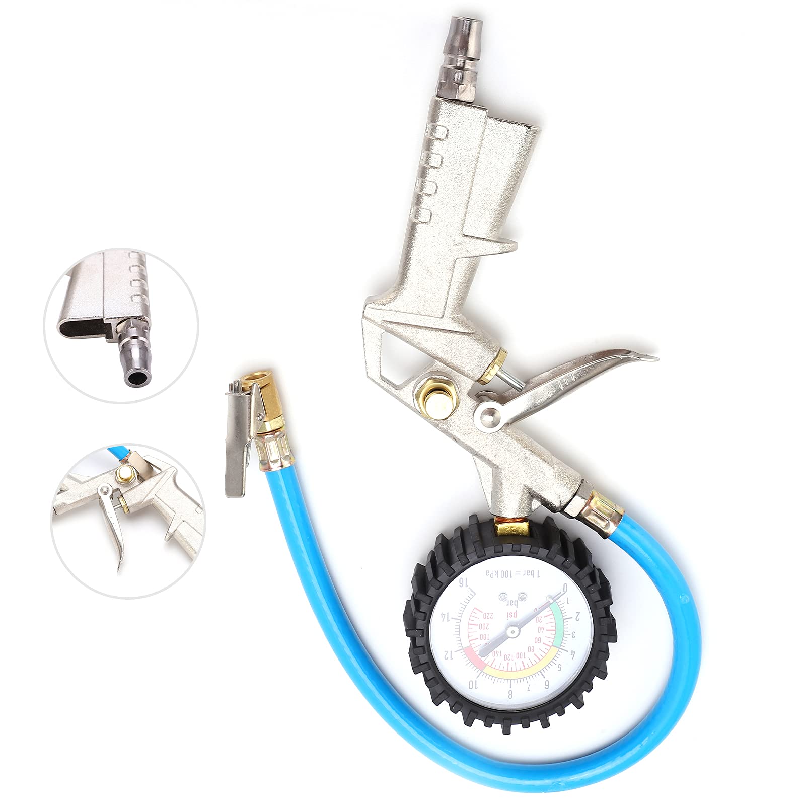 Gonfiatore per pneumatici, manometro per gonfiaggio pneumatici, sgonfiaggio per gonfiaggio pneumatici con manometro 0‑220psi 16bar Mandrino ad aria universale per auto, camion, motocicli, lega di zinc