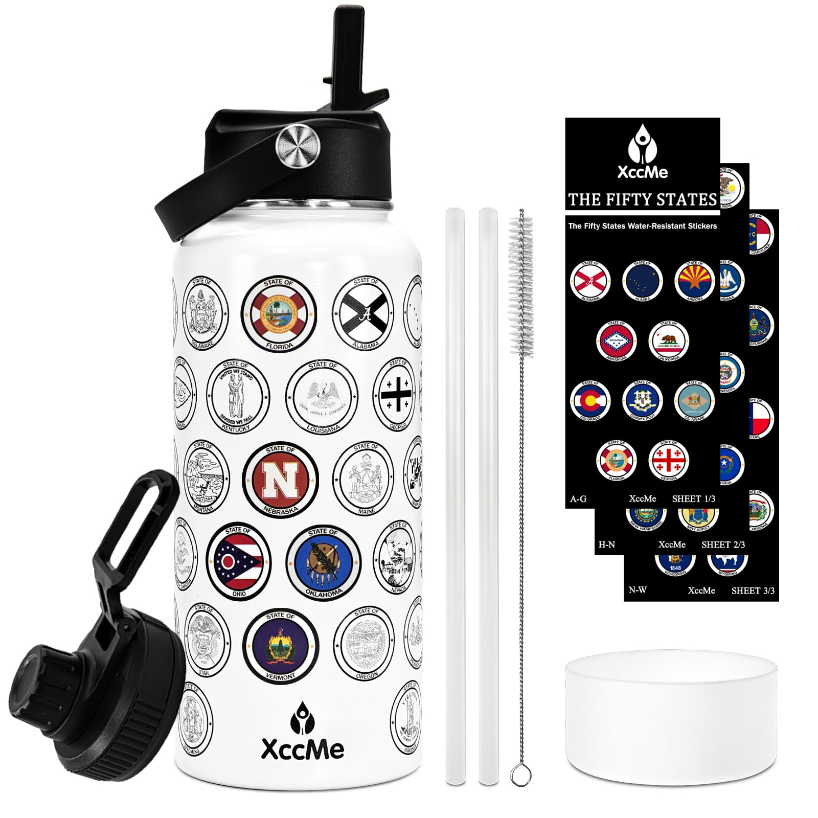 XccMe Fifty States Travel Water Bottle with Stickers and Straw,32 oz Insulated Stainless Steel Water Bottle with 2 Lids,Silicone Boot,Bucket List Travel Water Bottle Sealed and Leak Proof (white)