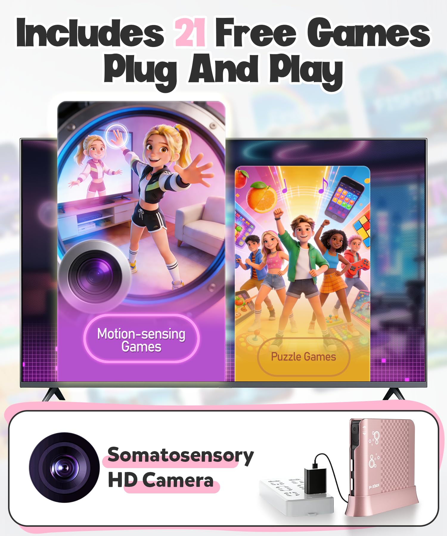 Consola de Juegos con Detección de Movimiento para Niños, Sistema de Videojuegos Plug & Play para TV, Ideal para Ejercicio en Casa, Noches de Juegos en Familia, Fiestas y Reuniones