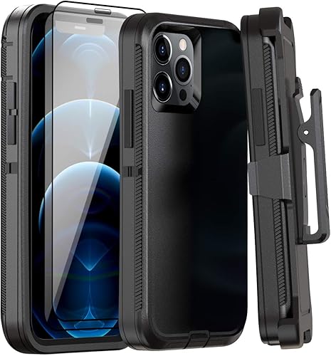 Funda para iPhone 12 Pro Max de 6.7 pulgadas, funda con clip para cinturón con 2 protectores de pantalla, cuerpo completo, resistente, grado