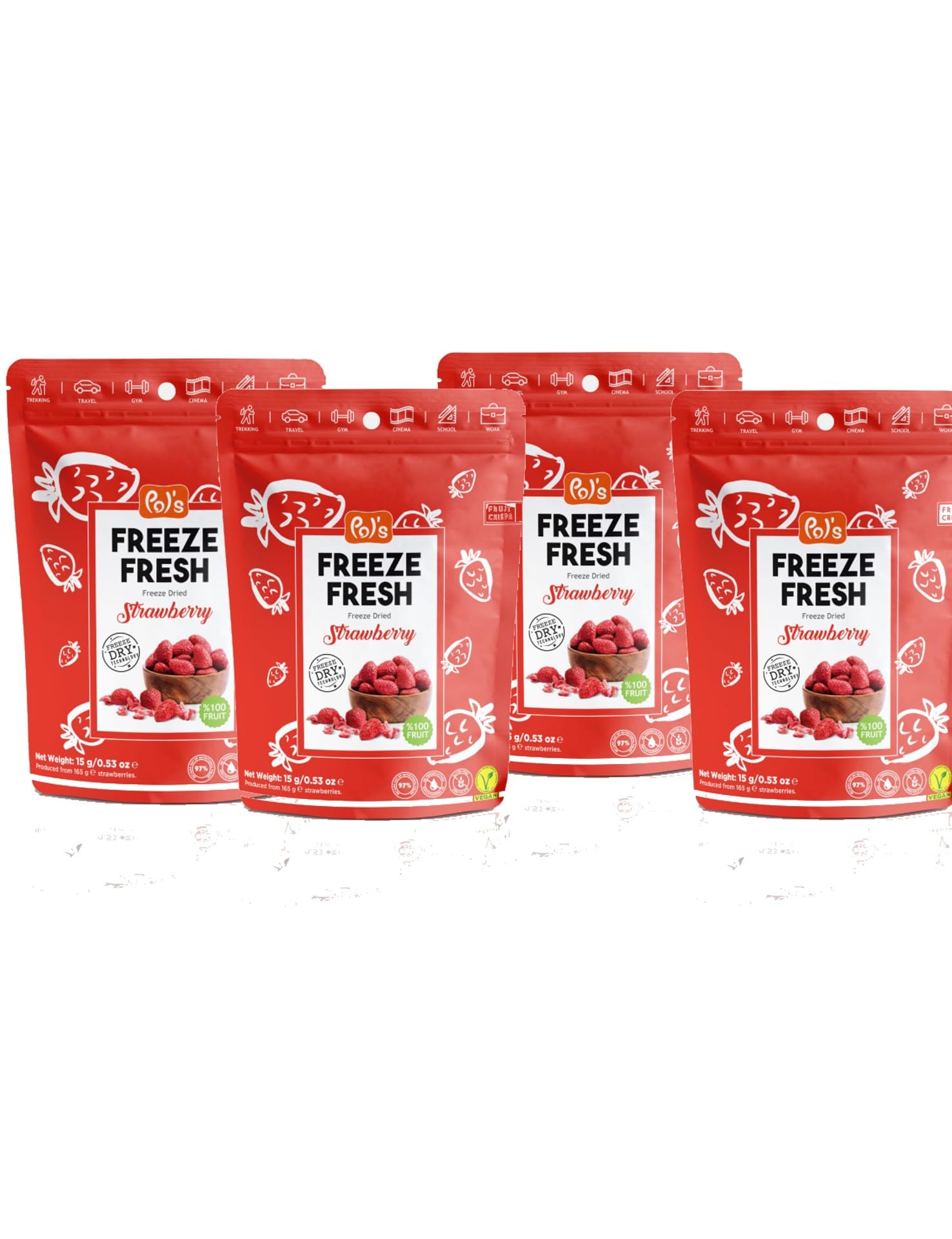 Freeze dried Strawberry- Pol's freeze fresh, Pack of 4 ; Vegan~ healthy~ fitness snack