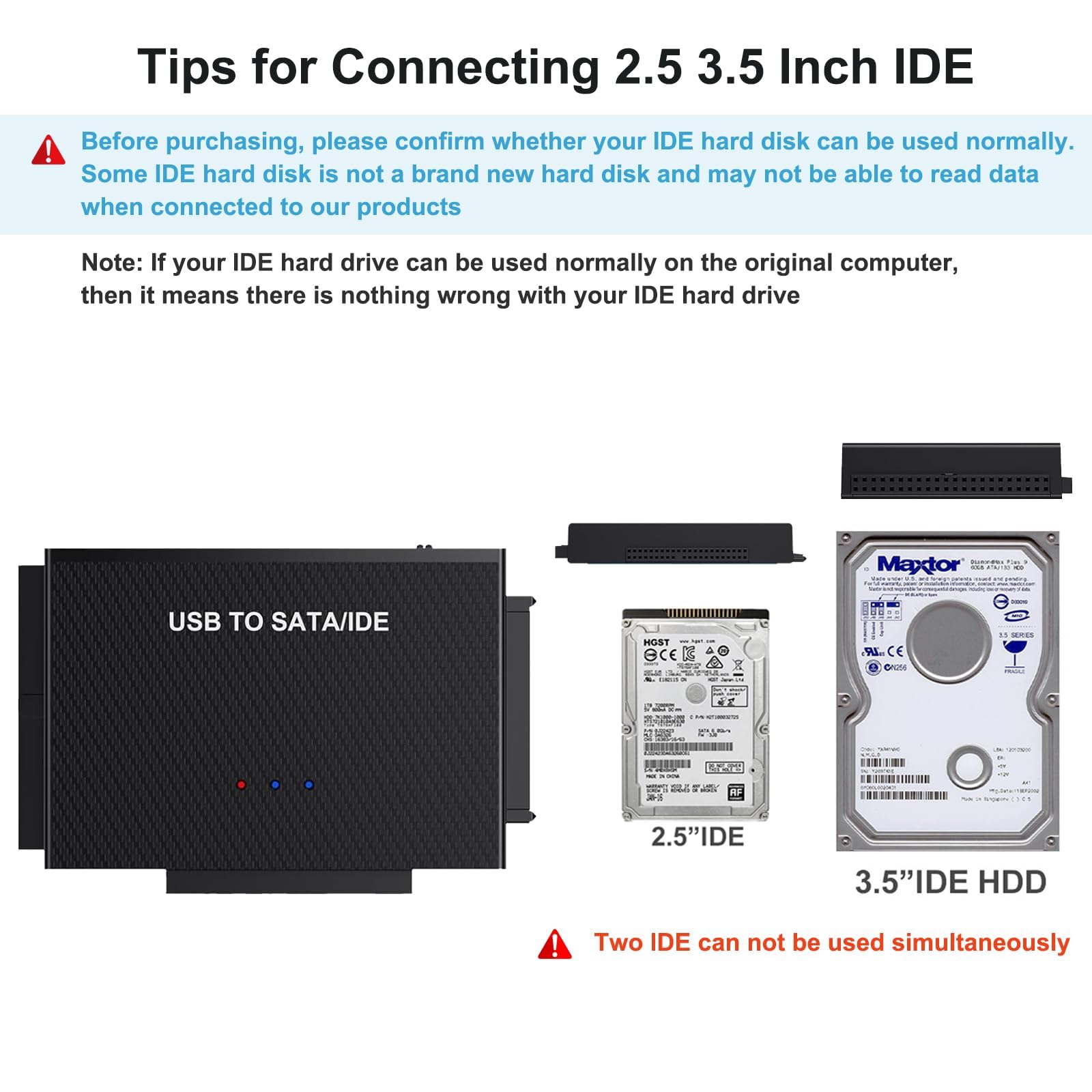 IDE adapter USB, USB 3.0, adapter do dysków twardych z zasilaczem 12 V 2 A do 2,5 i 3,5-calowego HDD/SSD, adapter IDE SATA kompatybilny z Windows 10/8/7/XP/Vista, Mac OS, Linux itp